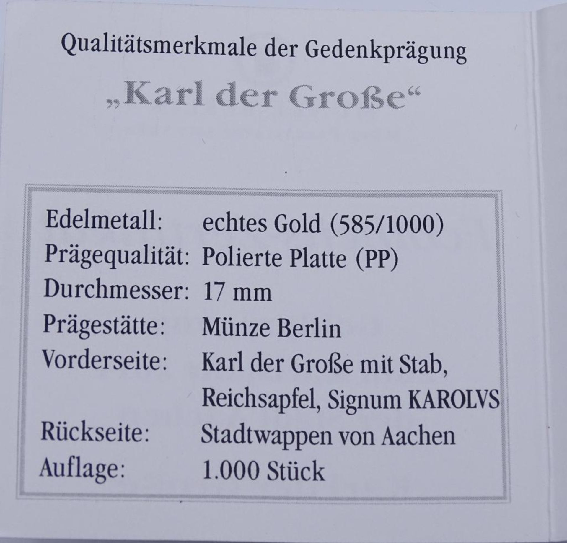 Goldmedaille "Karl der Große".Stadtwappen von Aachen,Gold 585/000,1,6gr- - -22.61 % buyer's - Bild 4 aus 4