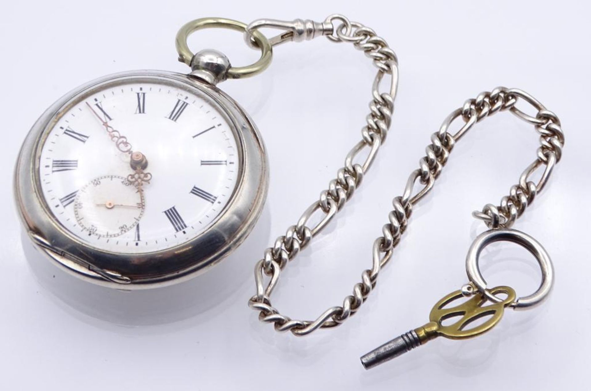 Herren Taschenuhr mit Uhrenkette, Schlüsselwerk,Silbergehäuse 800/000,Werk läuft, d- 50mm,Uhrenkette