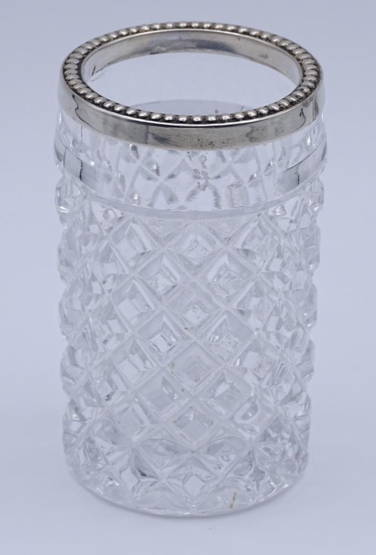 ALBO Glasgefäß mit Silberrand 835er Silber, 20. Jhd. Zahnstocher-Cocktailspieße-Streichholzhalter - Bild 2 aus 3