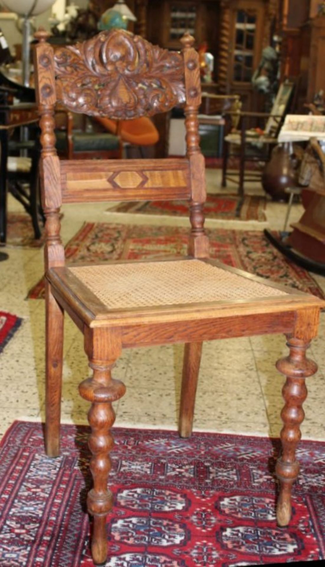 schöner Stuhl, beschnitze Rückenlehen, wohl um 1900, H-97cm B-46cm T-45cm Sh-47cm- - -22.61 %