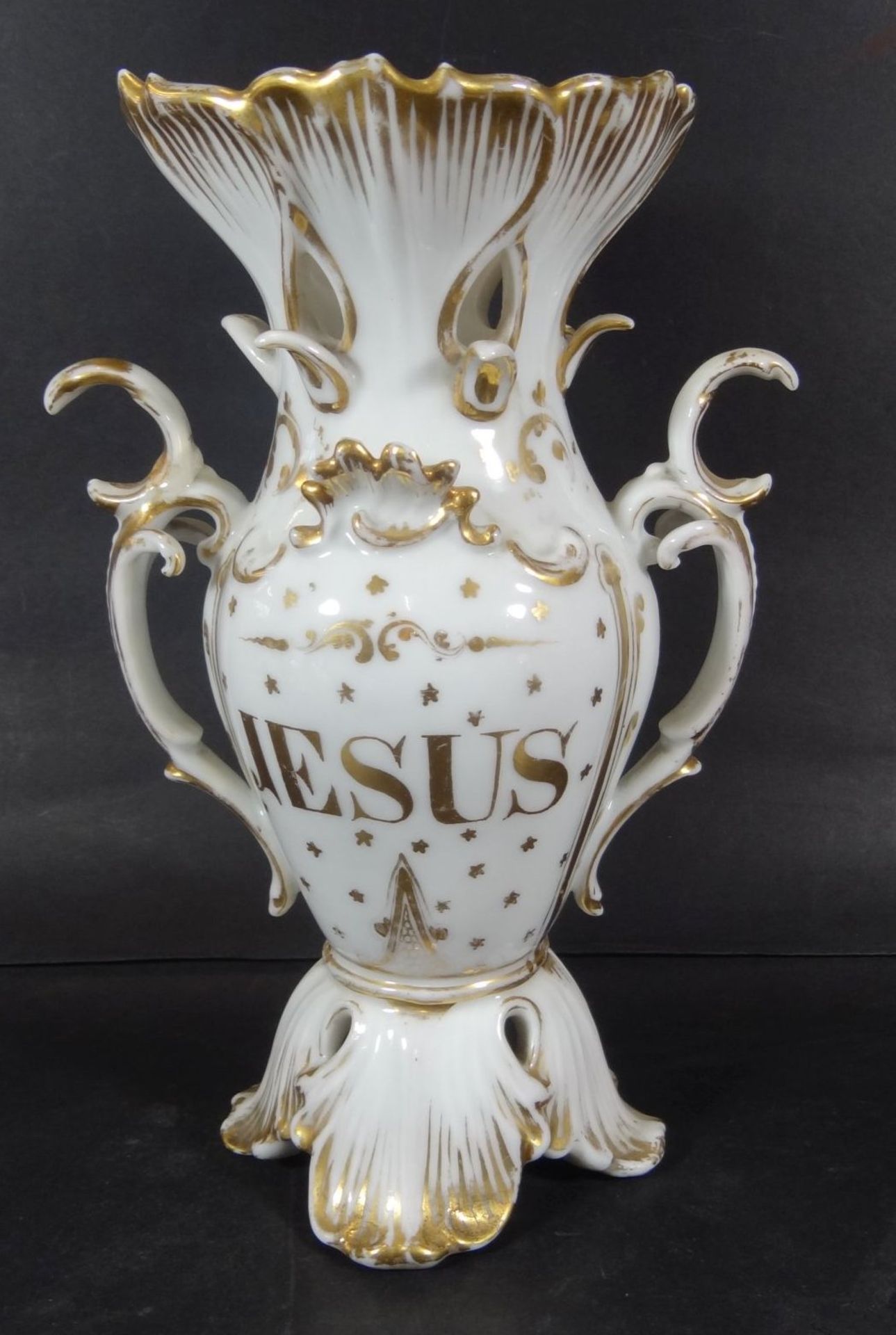 Biedermeier-Vase, Golddekor und beidseitig beschriftet, Jesus und Marie, H-24 cm, tw. leicht