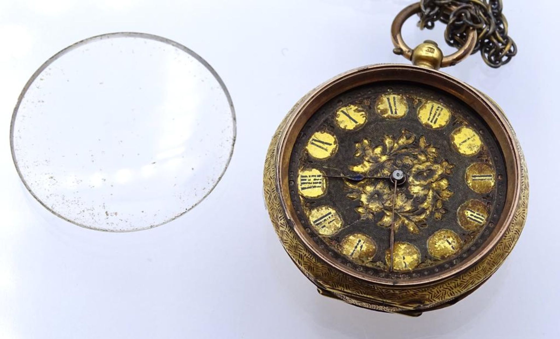 Alte Taschenuhr, Goldgehäuse 18K, Schlüsselwerk,d-36mm, Glas lose, Zifferblatt starke - Bild 3 aus 8