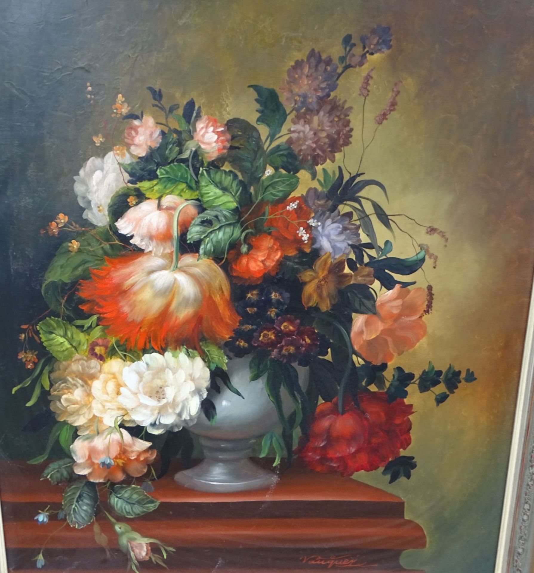 P. VAUQUER (1917-?) "Blumen in Vase" Öl/Leinen, gerahmt, RG 81x70 c- - -22.61 % buyer's premium on