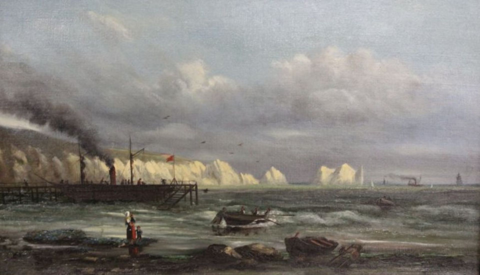 Marinemaler, 19. Jhd., Segel-, Dampfboote und Fischer an der Küste, Öl/Leinwand, auf Keilrahmen