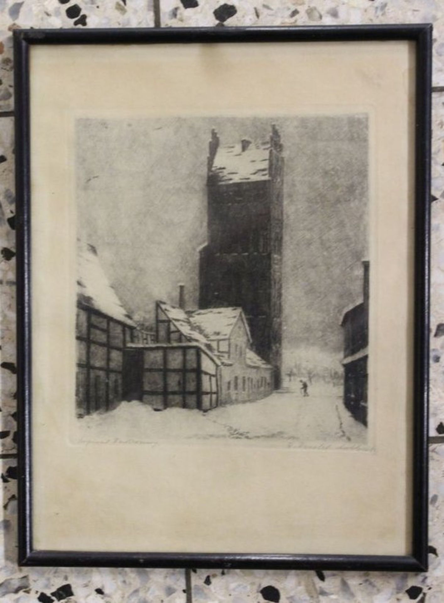 unleserl.signierte Radierung, Kirchturm, um 1920, ger./Glas, RG 31 x 24cm.- - -22.61 % buyer's - Bild 2 aus 2