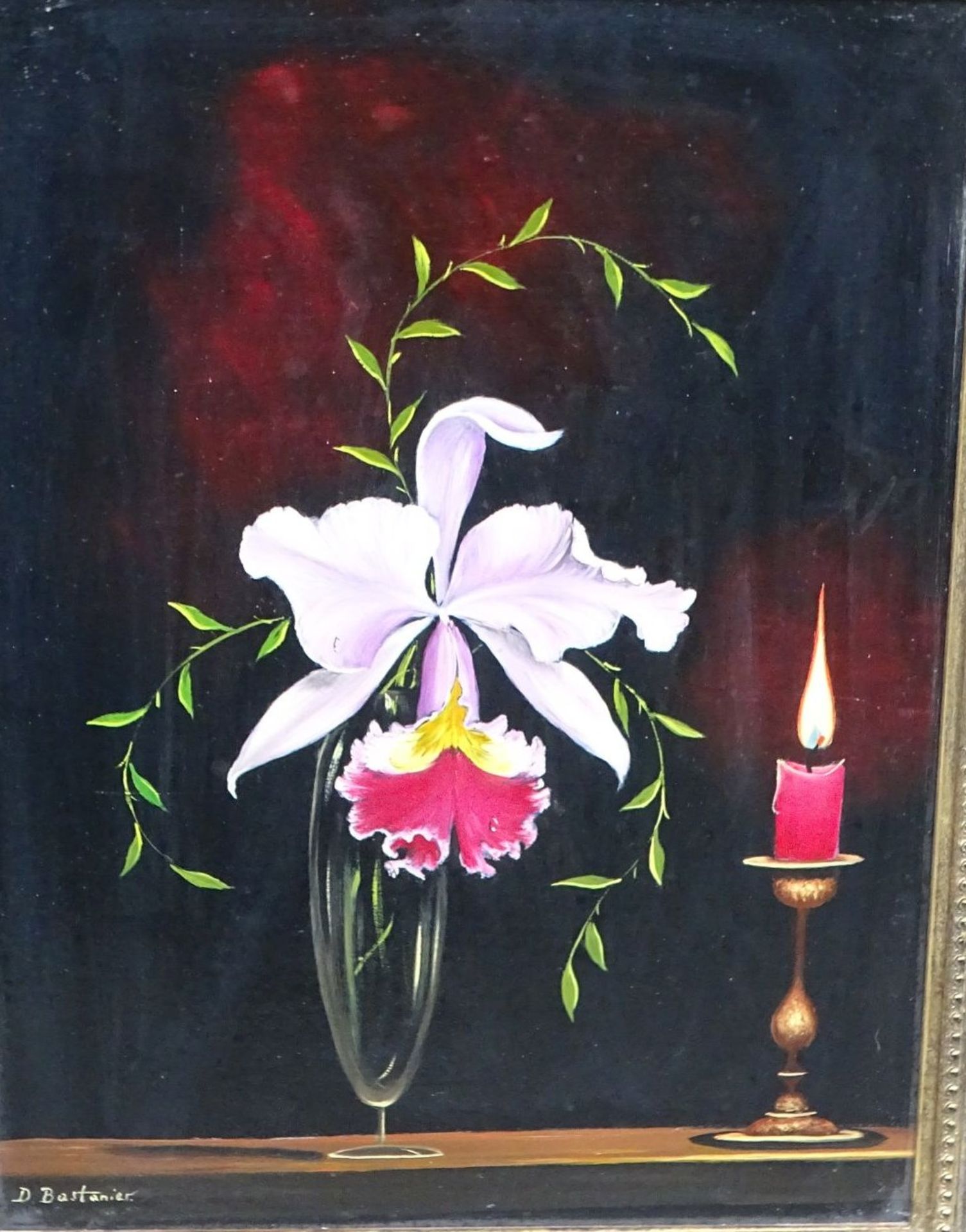 Dorothea BASTANIER (1924-1970) "Orchidee mit brennender Kerze" Öl/Hartfaserplatte, gerahmt,RG 40 x - Bild 2 aus 5