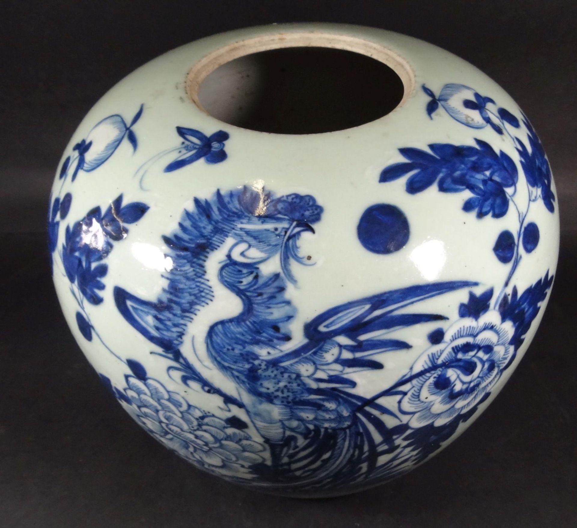 grosses Ingwergefäss oder ähnliches, Blaumalerei mit Vogel, wohl 19.Jhd. China, H-21 cm, D-25- - - - Bild 4 aus 7