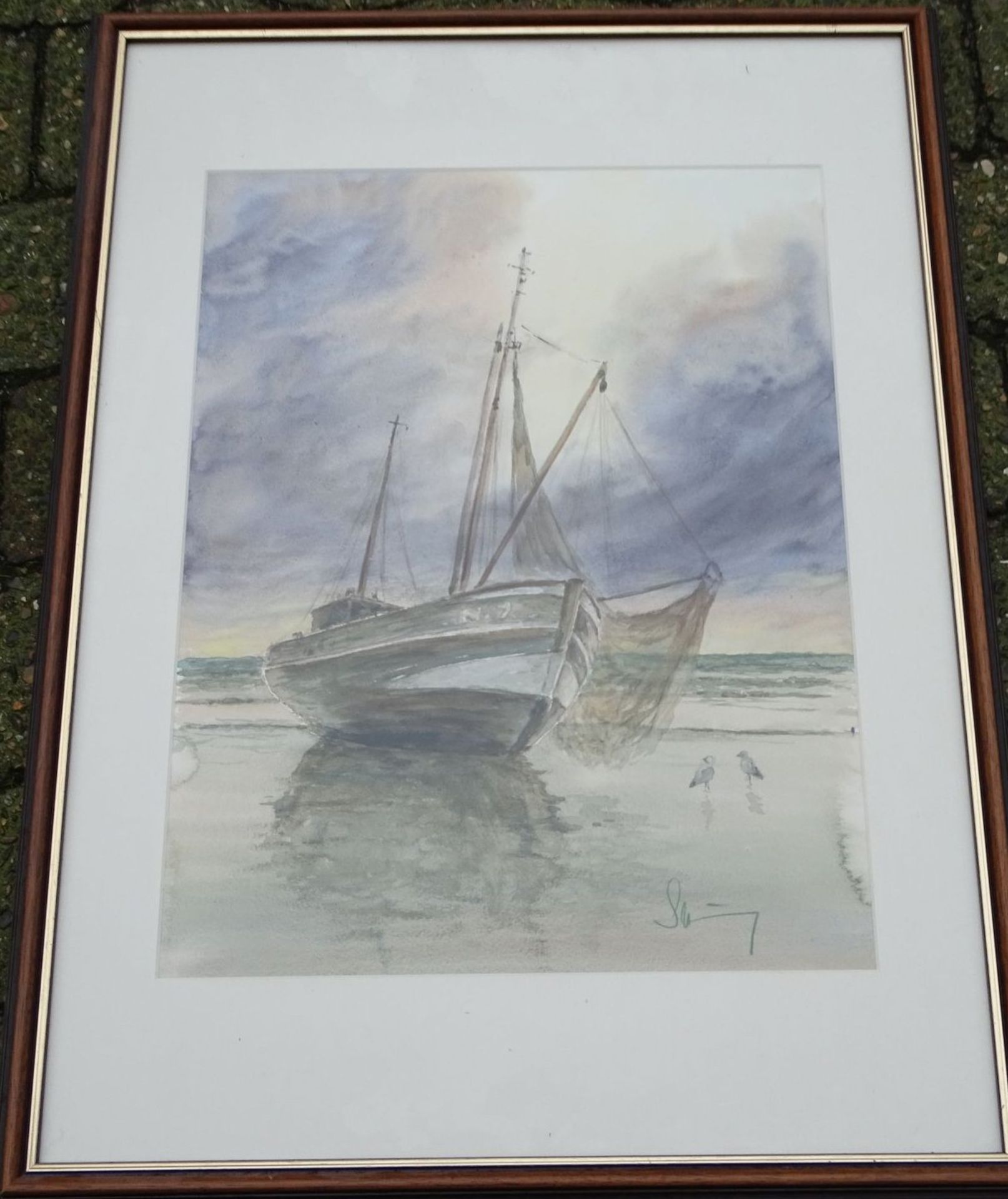 L. H.Schöning "zwei Fischerboote im Watt"", Aquarell, ger/Glas, RG 74x54 c- - -22.61 % buyer's - Bild 2 aus 5