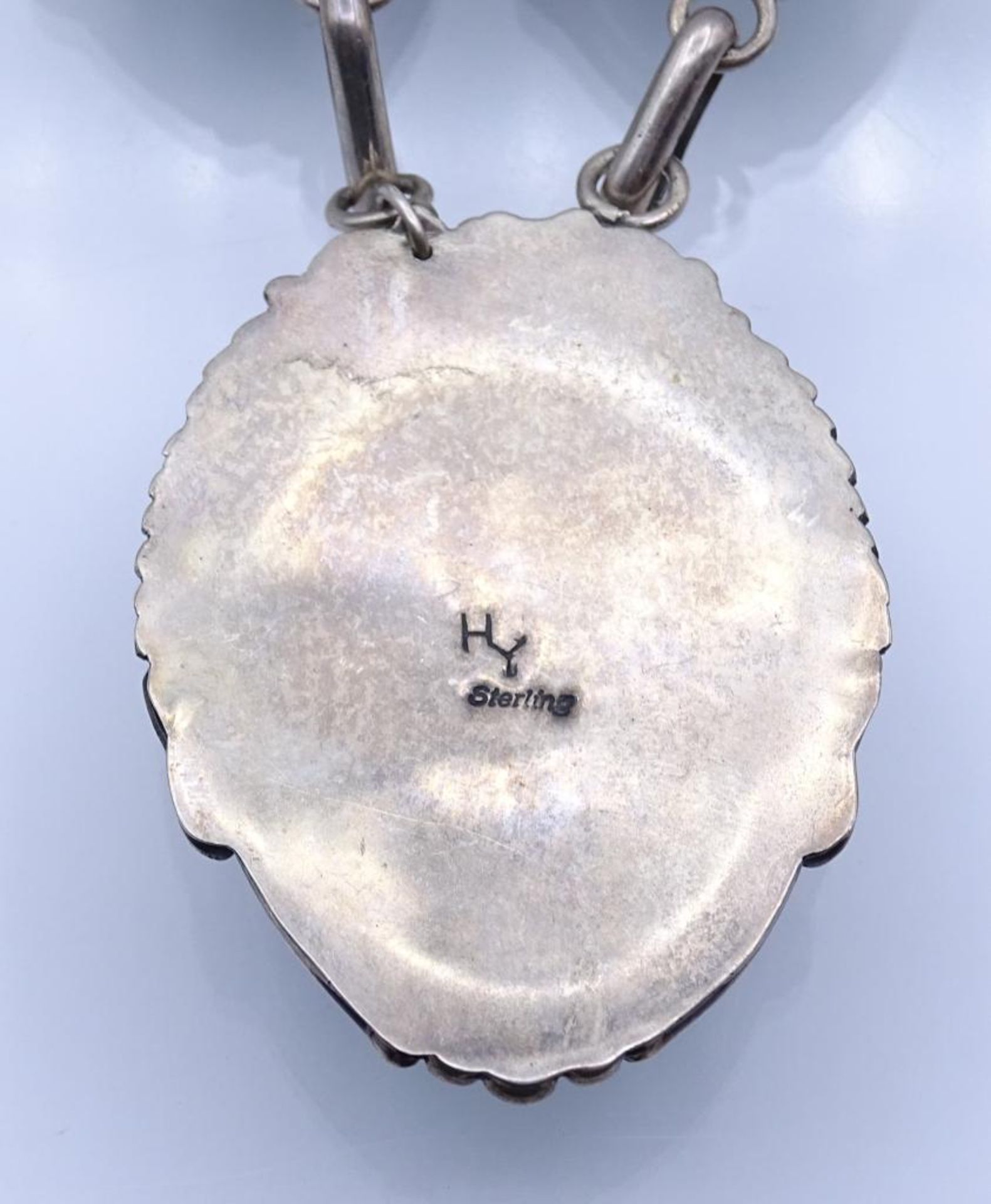 Malachit-Collier Silber 925/000 mit 3 ovalen Malachit-Cabochons 40  30 mm, mit Hakenschließe, L. 49 - Bild 5 aus 5