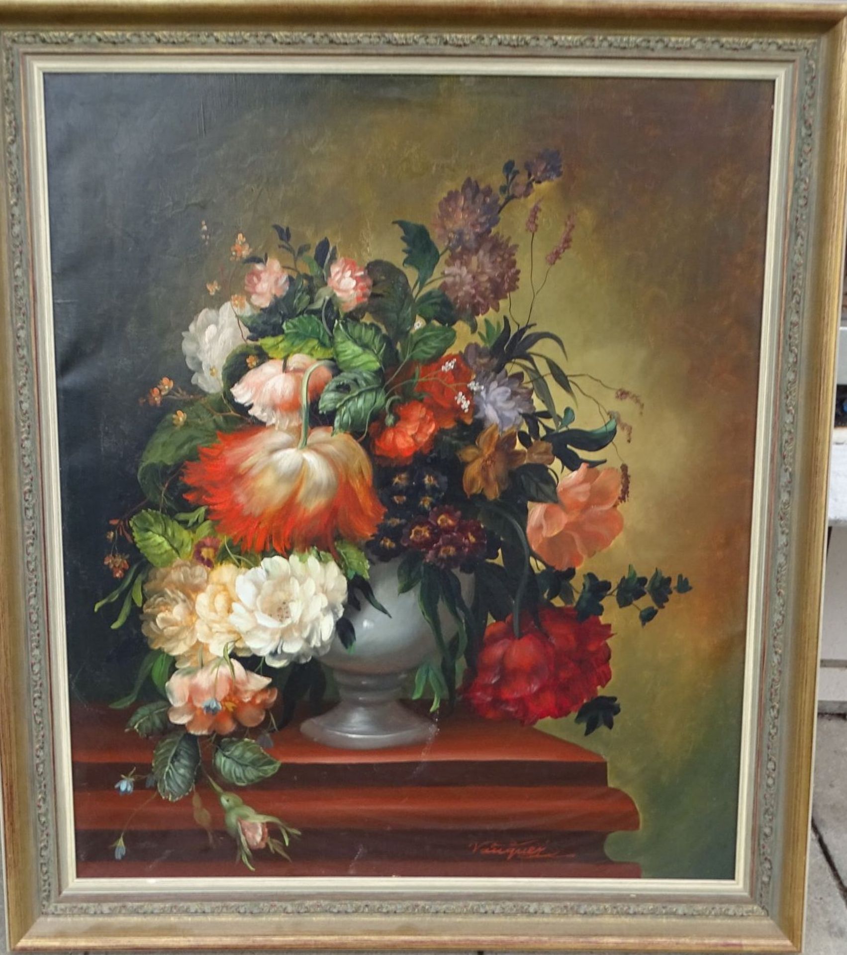 P. VAUQUER (1917-?) "Blumen in Vase" Öl/Leinen, gerahmt, RG 81x70 c- - -22.61 % buyer's premium on - Bild 2 aus 4