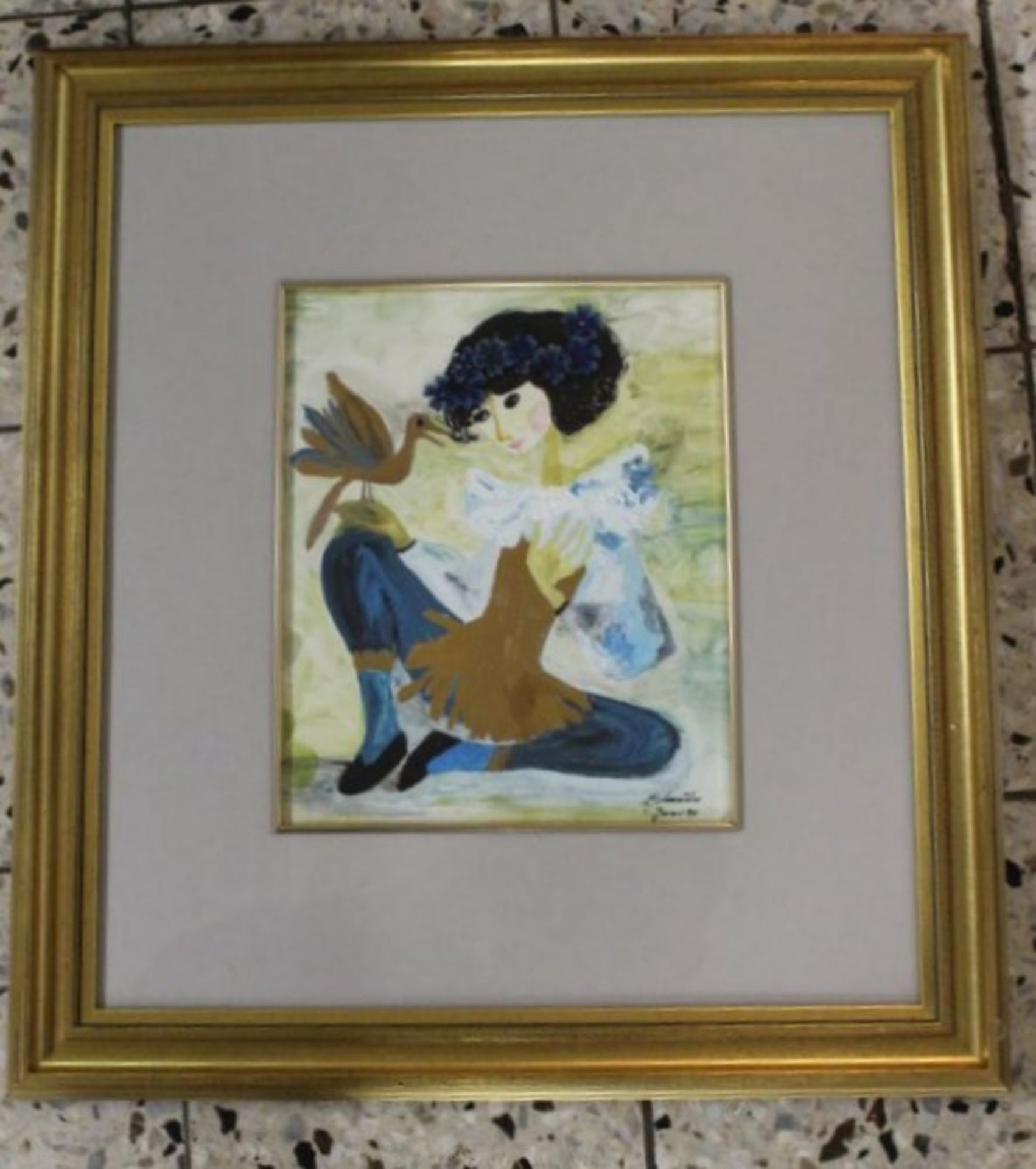 Schneider '91 , Frau mit Vogel, Mischtechnik, gerahmt/Glas, RG 48 x 44cm.- - -22.61 % buyer's - Bild 2 aus 2