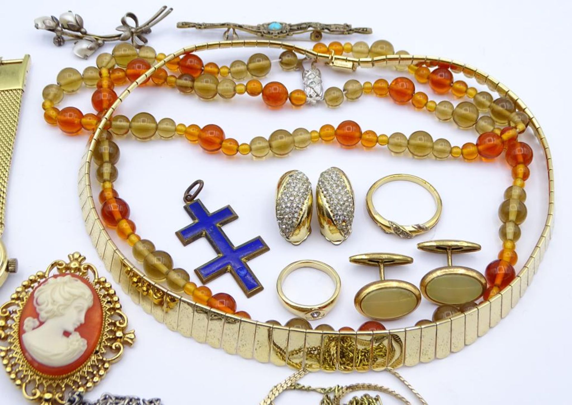 Konvolut div. Modeschmuck + zwei Armbanduhren und eine Silber Brosche mit Perlen,Dugena und Gama-( - Bild 2 aus 10