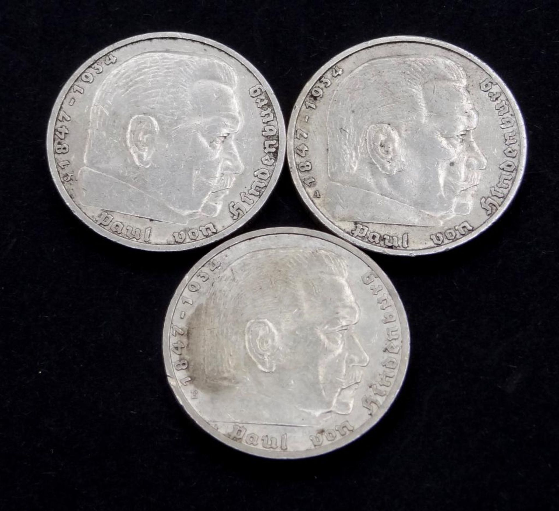 3x 5 Reichsmark, Deutsches Reich, 1936/1937/1938,Paul von Hindenburg,Silber, zus.41,4gr.- - -22.61 % - Bild 2 aus 2