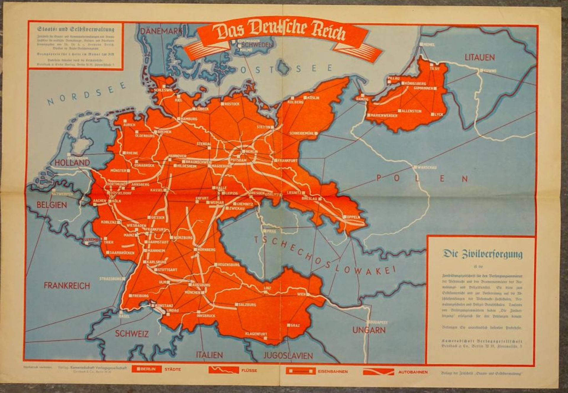 "Das Deutsche Reich" Landkarte um 1938, 40x60 cm- - -22.61 % buyer's premium on the hammer