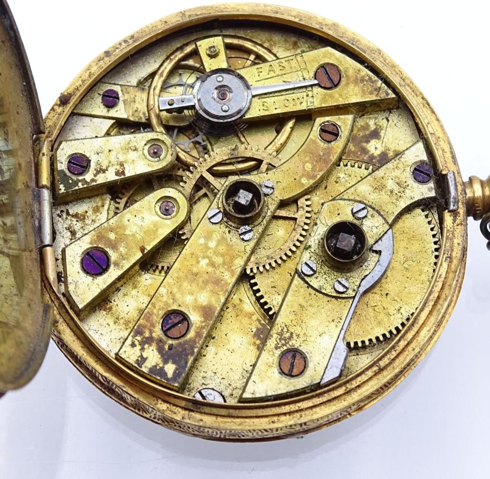 Alte Taschenuhr, Goldgehäuse 18K, Schlüsselwerk,d-36mm, Glas lose, Zifferblatt starke - Bild 8 aus 8