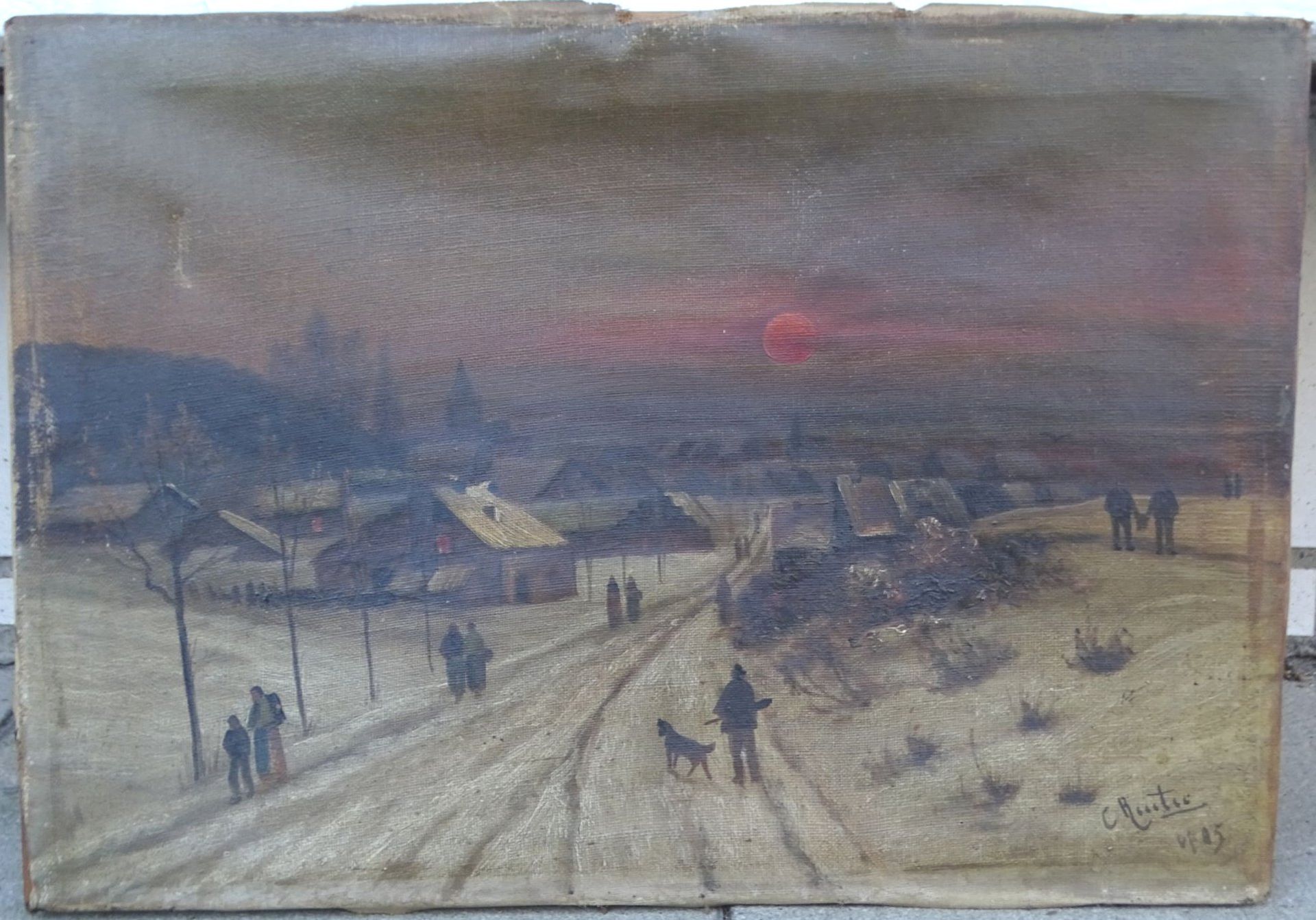 C. Reuter "winterliche Dorfstrasse" Öl/Leinen, li. oben mit Riss, reinigungsbedürf., 34x48- - -22.61