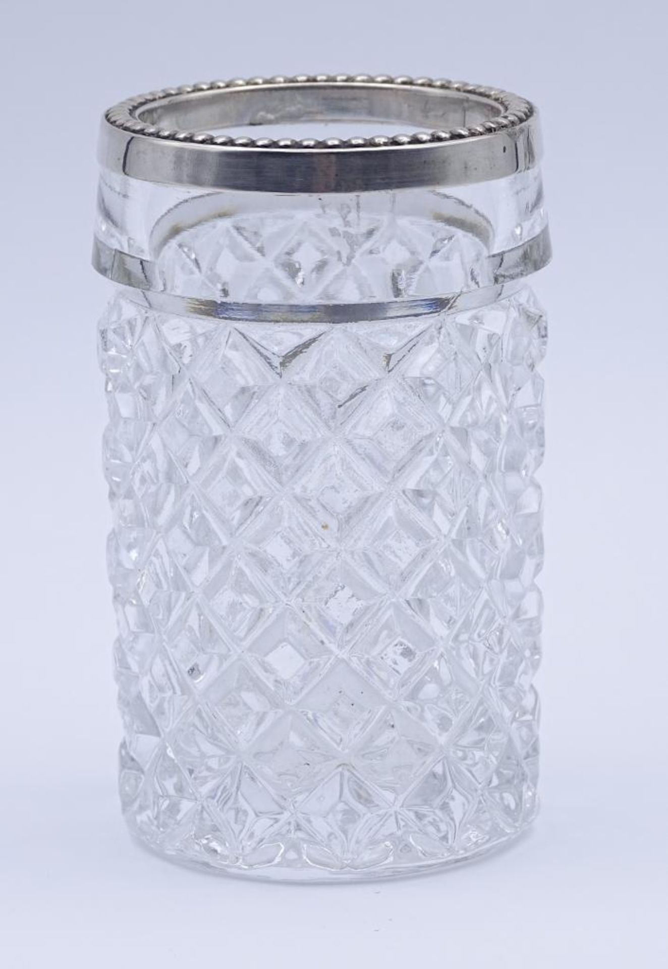 ALBO Glasgefäß mit Silberrand 835er Silber, 20. Jhd. Zahnstocher-Cocktailspieße-Streichholzhalter