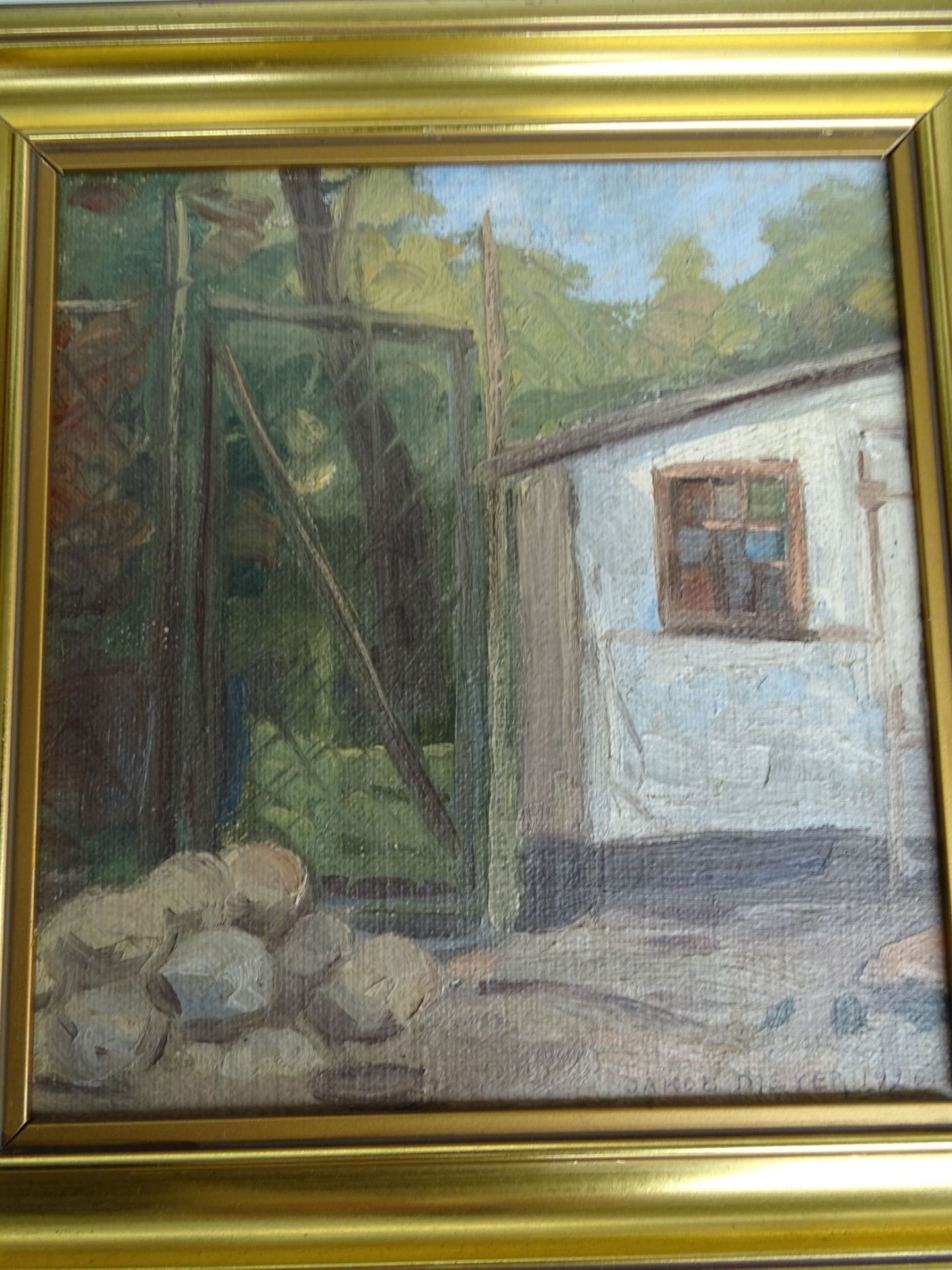 Jacob MEYER (1895-1971) 1920, "Hühnerwinkel" Öl/Holz, 24x22 cm, gerahmt, RG 28x26- - -22.61 %