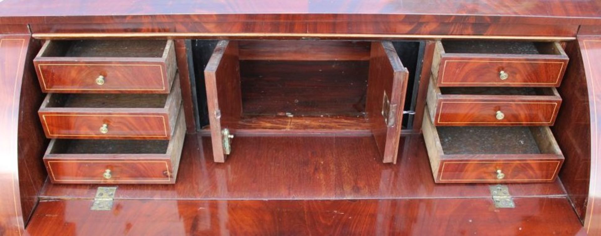 Biedermeier-Zylinderbüro, Mahagoni, Fadenintarsien, schönes Innenleben, guter Zustand, H-108cm B- - Bild 4 aus 8