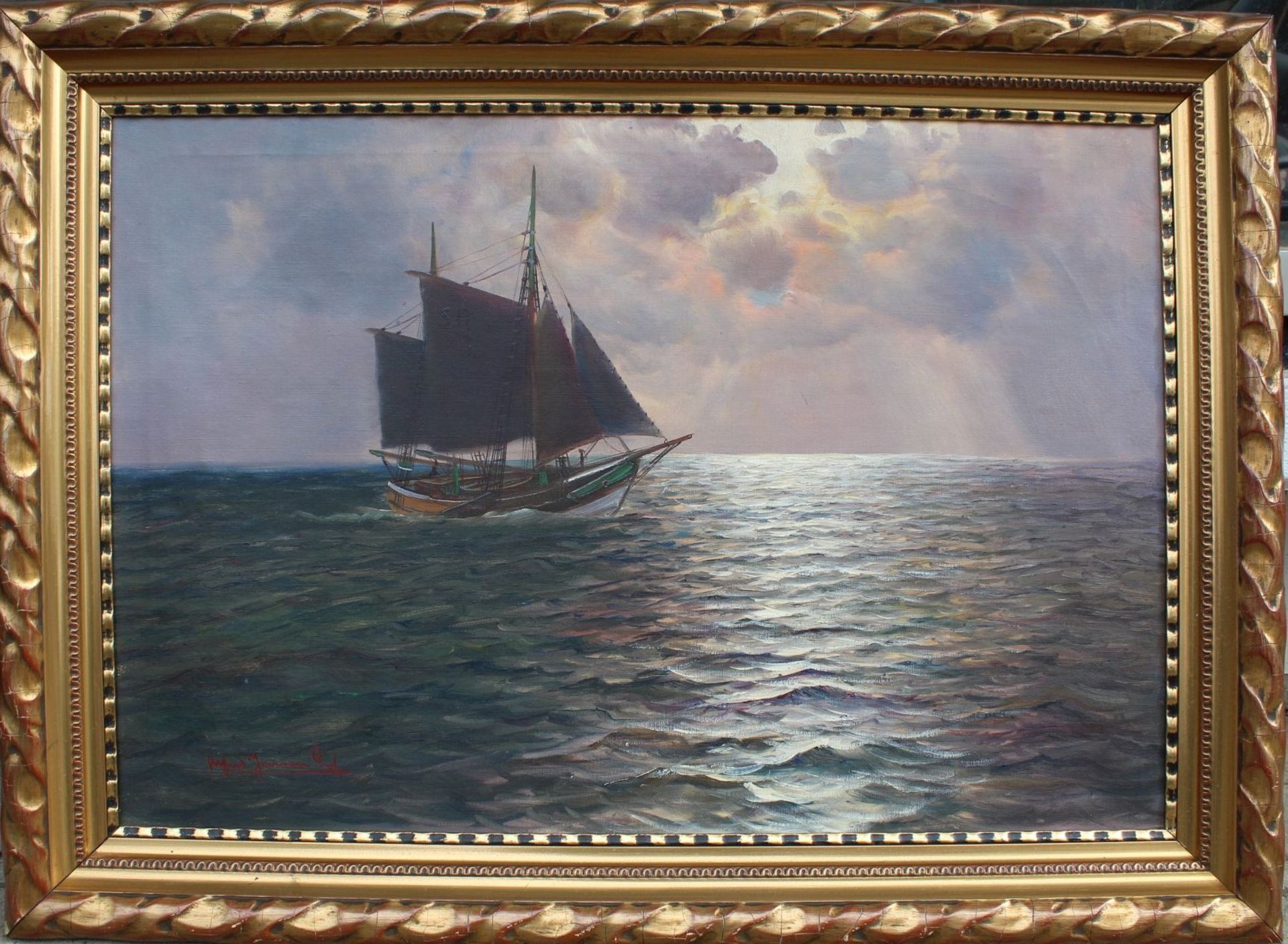 Alfred JENSEN (1859-1935) "Fischkutter am Abend" Öl/Leinen, gerahmt, RG 70x93 c- - -22.61 % buyer' - Bild 2 aus 4