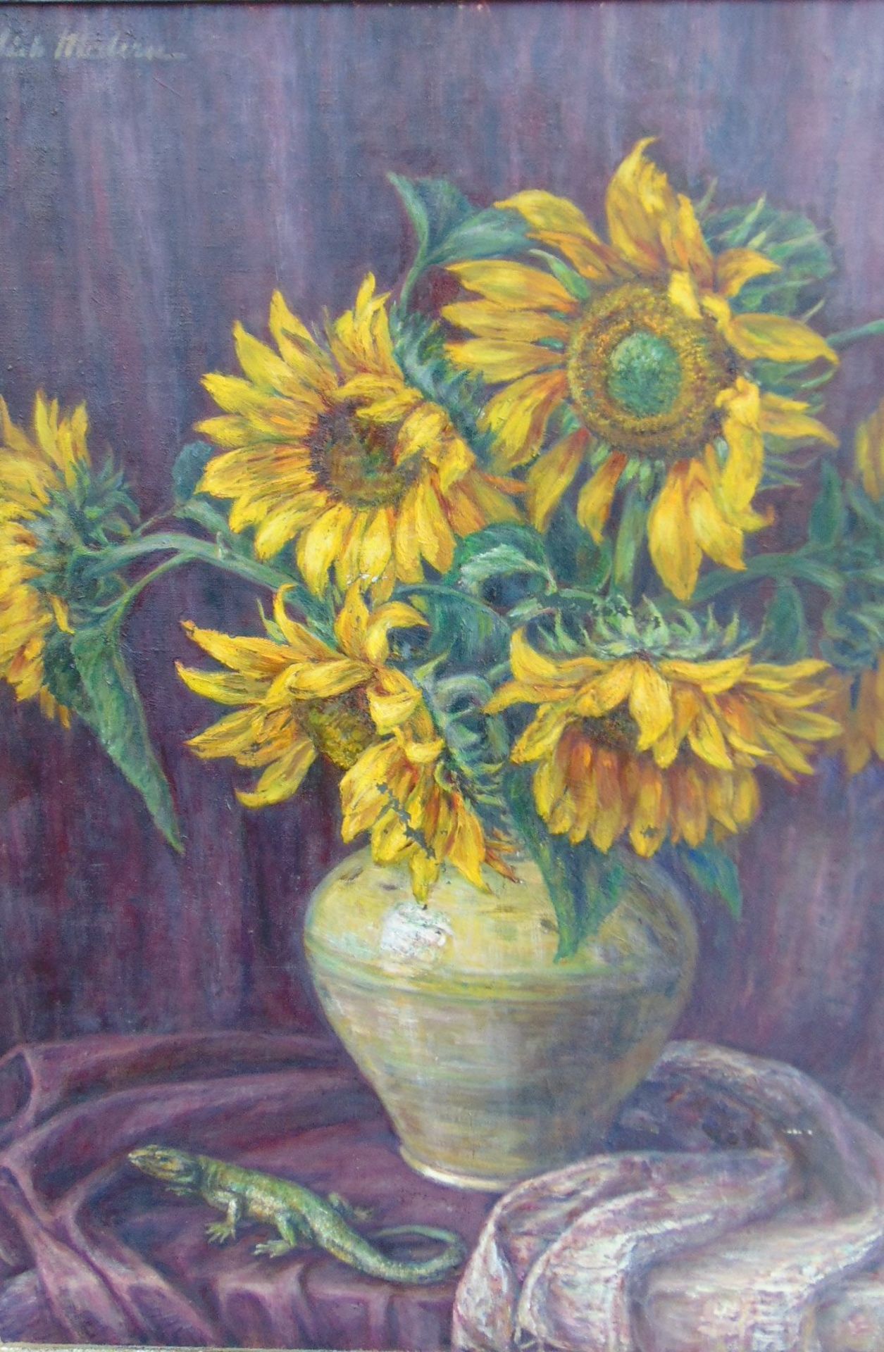 Marta EHRLICH (1910-1980) "Sonnenblumen in Vase", Öl/Leinen, gerahmt, RG 92x78 c- - -22.61 % buyer's