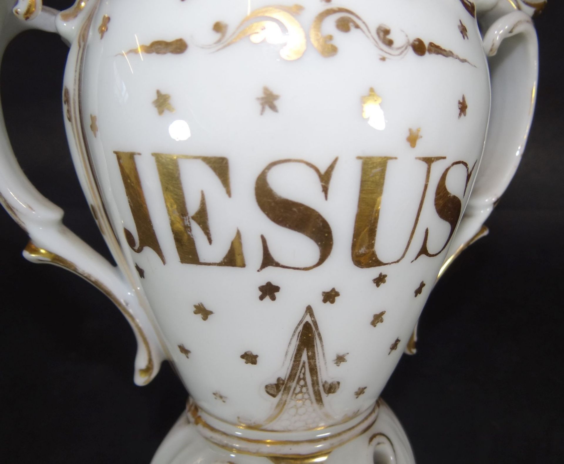 Biedermeier-Vase, Golddekor und beidseitig beschriftet, Jesus und Marie, H-24 cm, tw. leicht - Bild 5 aus 6