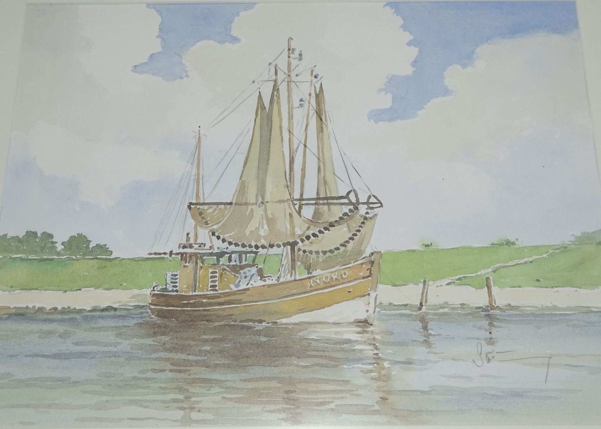 L. H.Schöning "Krabbenkutter vor Deich", Aquarell, ger/Glas, RG 54x74 c- - -22.61 % buyer's - Bild 2 aus 4