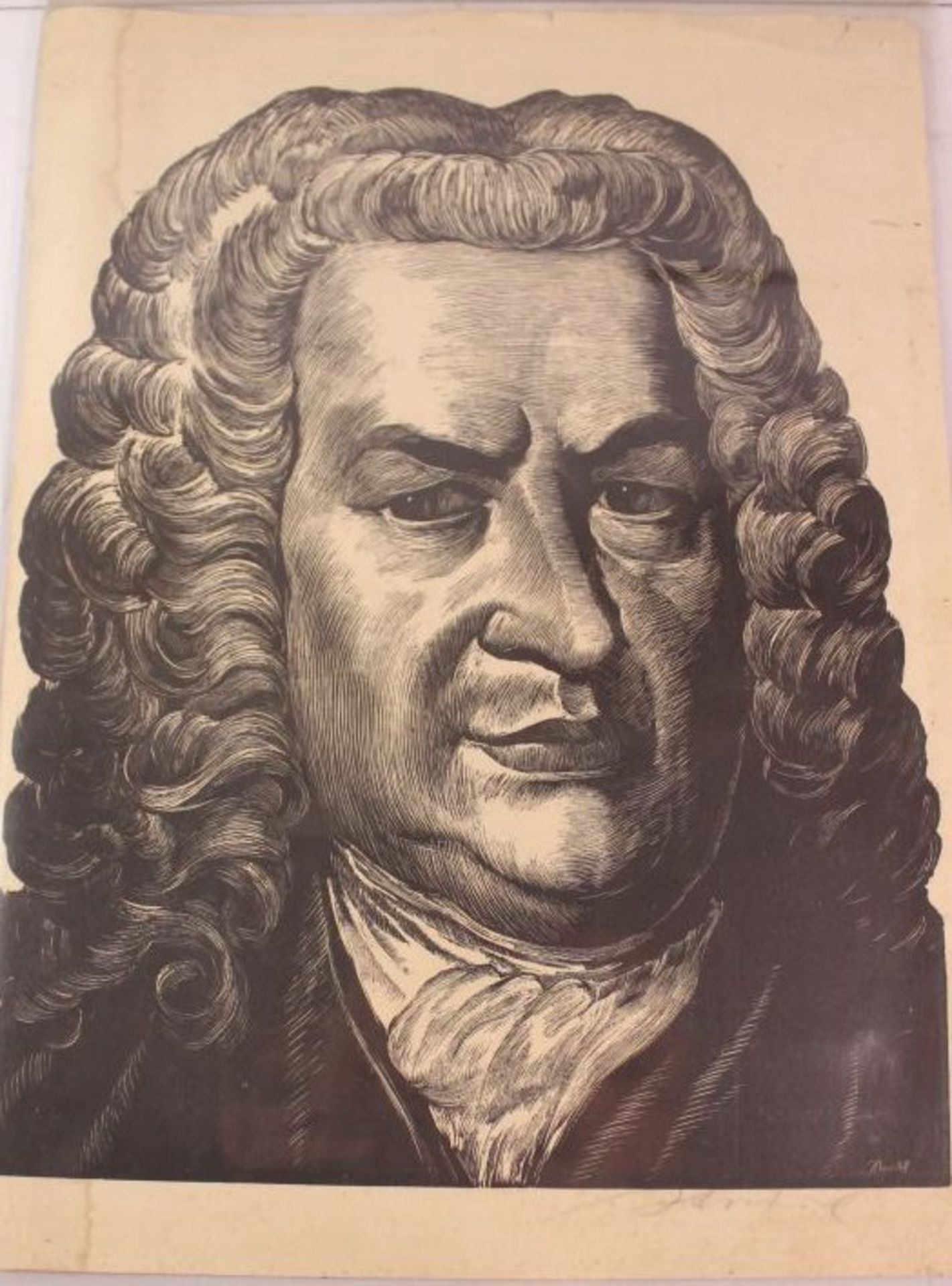 signierte Portraitgrafik, Johann Sebastina Bach, 19. Jhdt., ungerahmt, Blatt mit Läsuren, BG 46 x