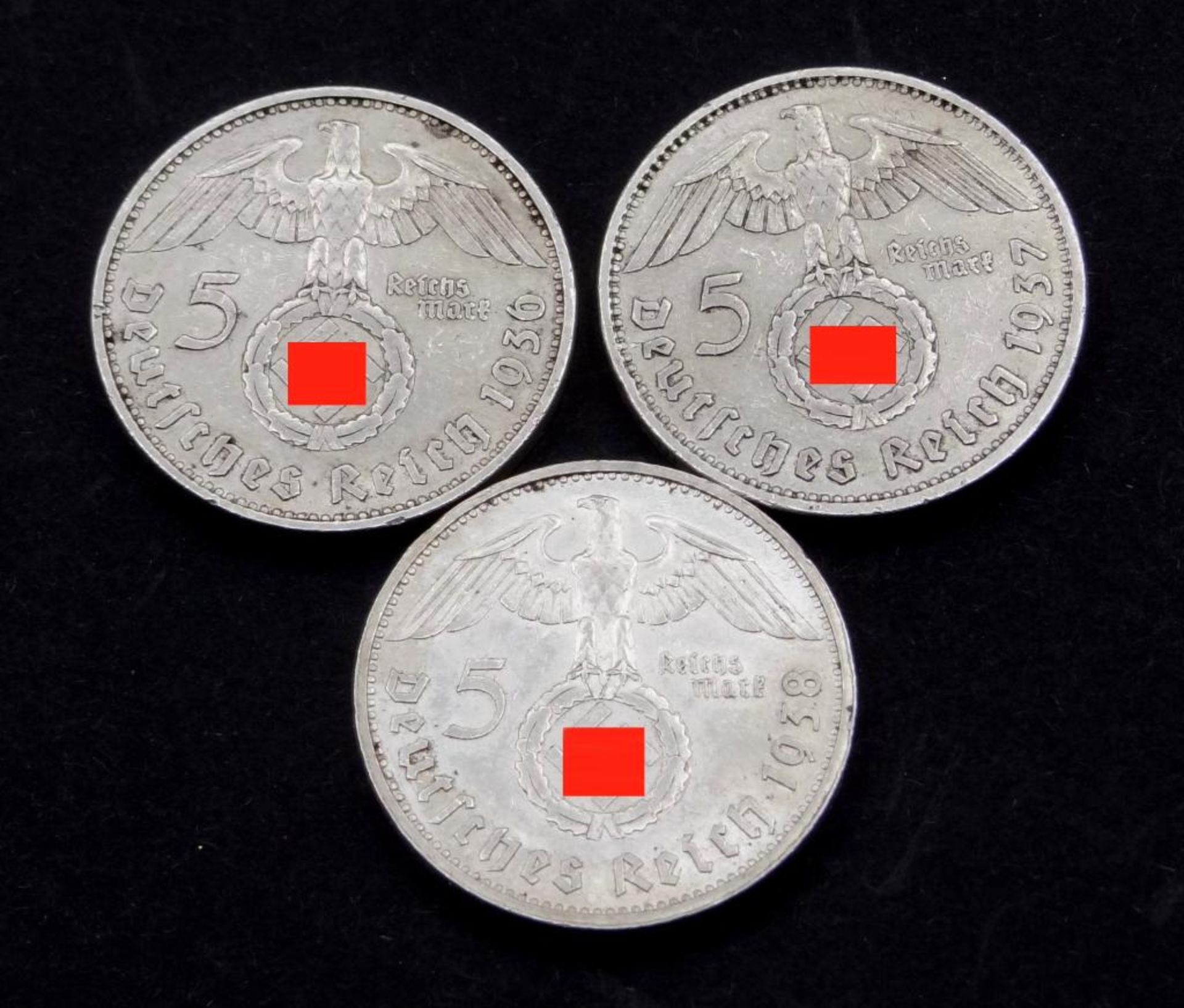 3x 5 Reichsmark, Deutsches Reich, 1936/1937/1938,Paul von Hindenburg,Silber, zus.41,4gr.- - -22.61 %