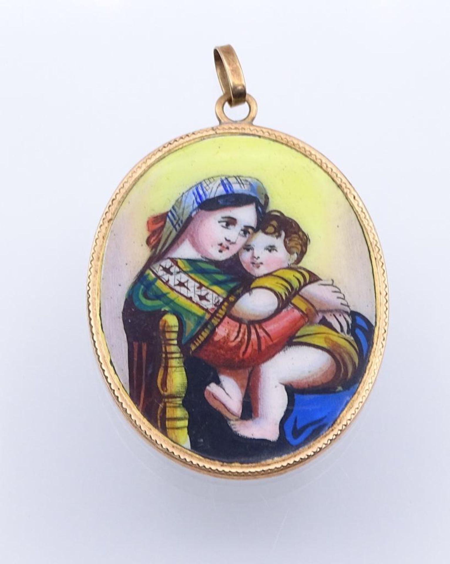 Porzellan Anhänger in Goldfassung 585 (gepr.),Saneta Maria Mater Dei ora pro nobis,L- 4,4cm, 8,