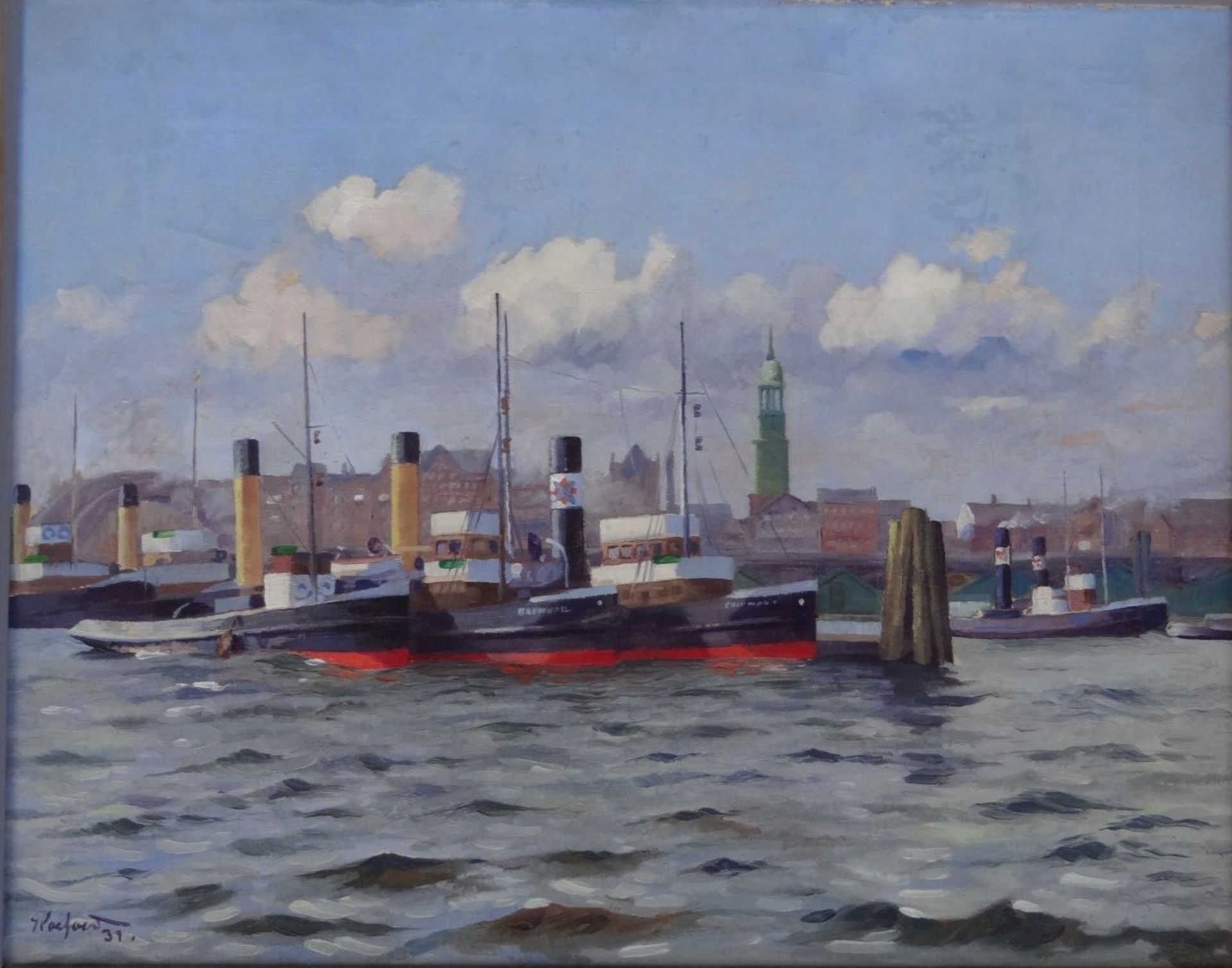 Koeford (oder ähnlich), 1931 "Hamburger Hafen", Öl/Leinen, gerahmt, RG 42x50 cm, frisch