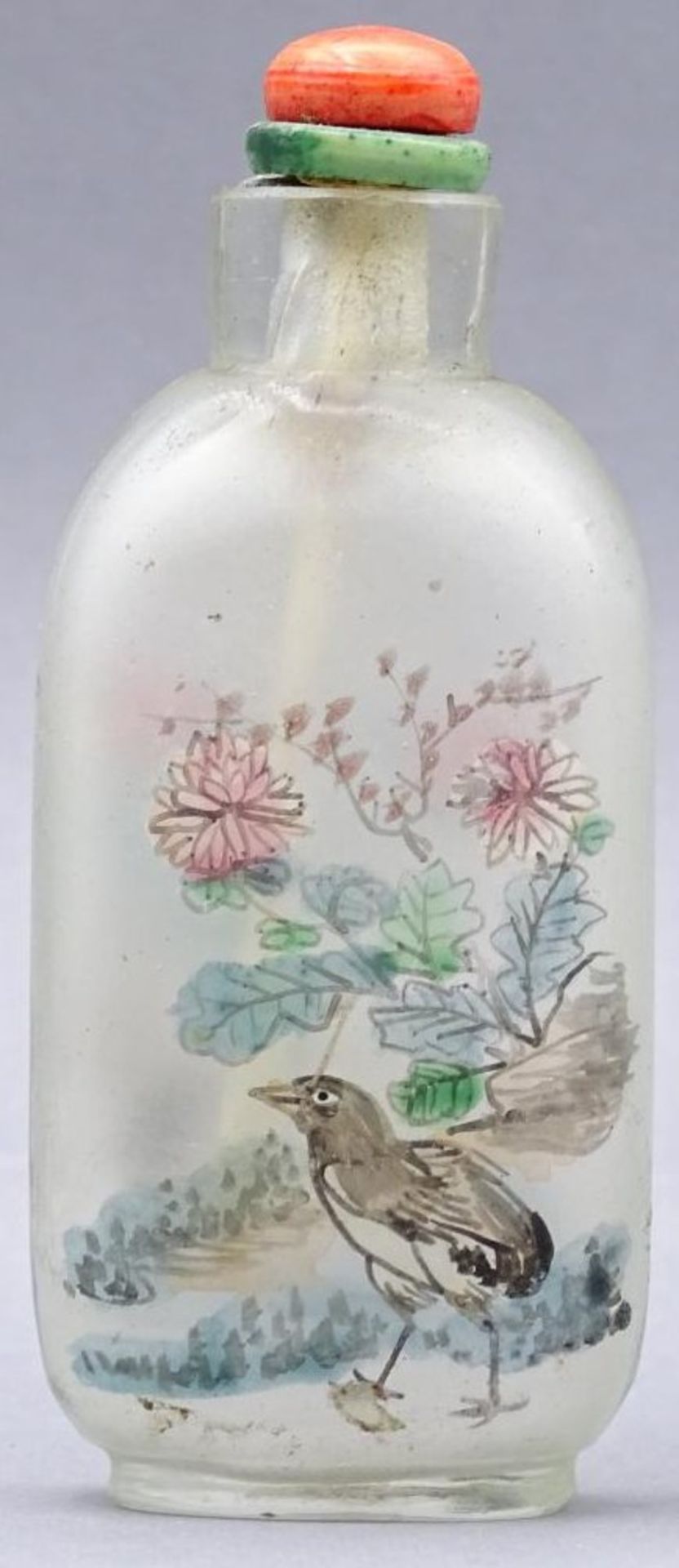 Glas Snuffbottel, Zwischwenglasbemalung mit Storch und Vogel, auf Karte mit mehreren anderen, - Bild 3 aus 7