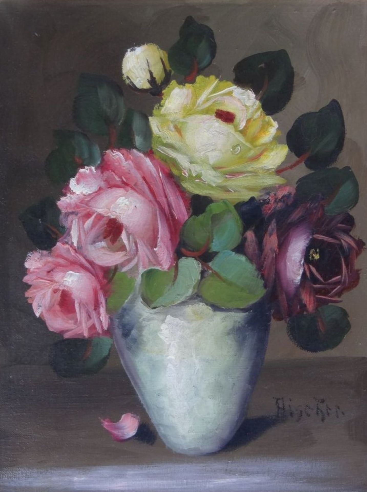 unleserl. "Rosen in Vase", Öl/Leinen, gerahmt, RG 48x40 c- - -22.61 % buyer's premium on the