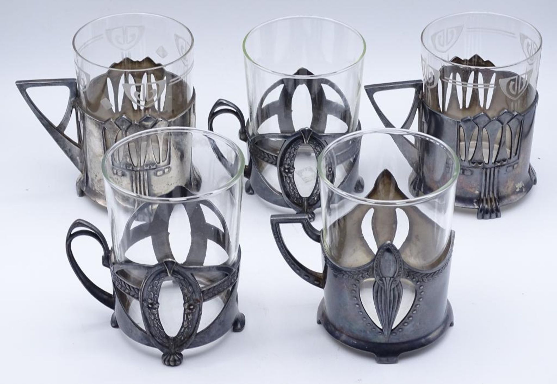 5x Jugendstil Teegläser,WMF- Straussenmarke,Unterschiedliches Glas,H-9,5-10c- - -22.61 % buyer's - Bild 3 aus 8