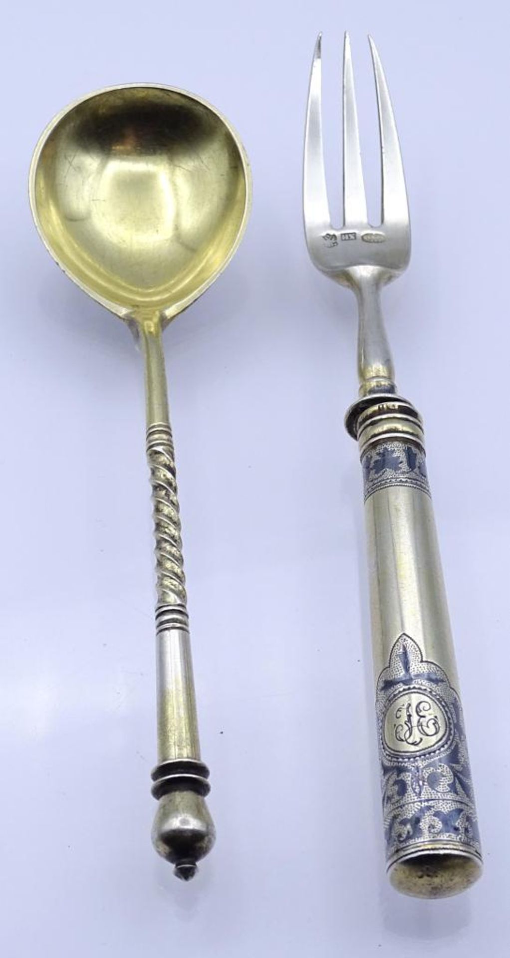 Löffel und Gabel Russland 1888, 84-Zolotniki gestempelt,Niello Technik,L- 16-18cm, zus.120,7gr- - -