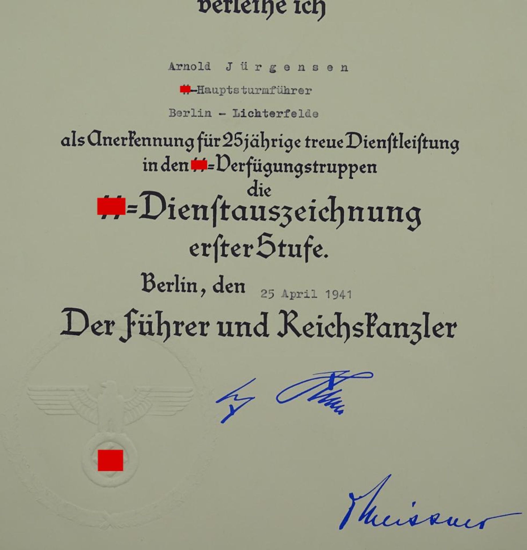 Große Dienstzeiturkunde für 25 Jahre in der SS, ausgestellt für einen Hauptsturmführer in Berlin - Bild 3 aus 4