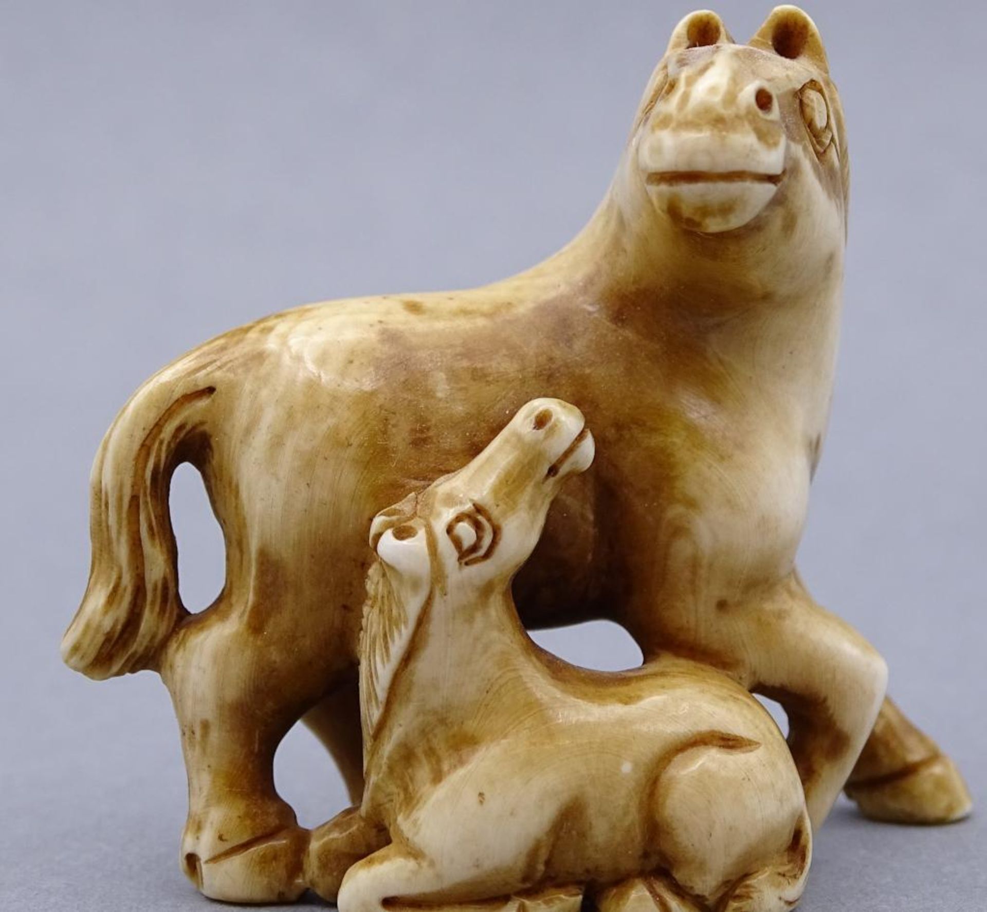 Netsuke, Przewalski Stute mit Fohlen, Elfenbein, China, Unterseite signiert, um 1900, H-4 cm, L-4, - Bild 7 aus 8