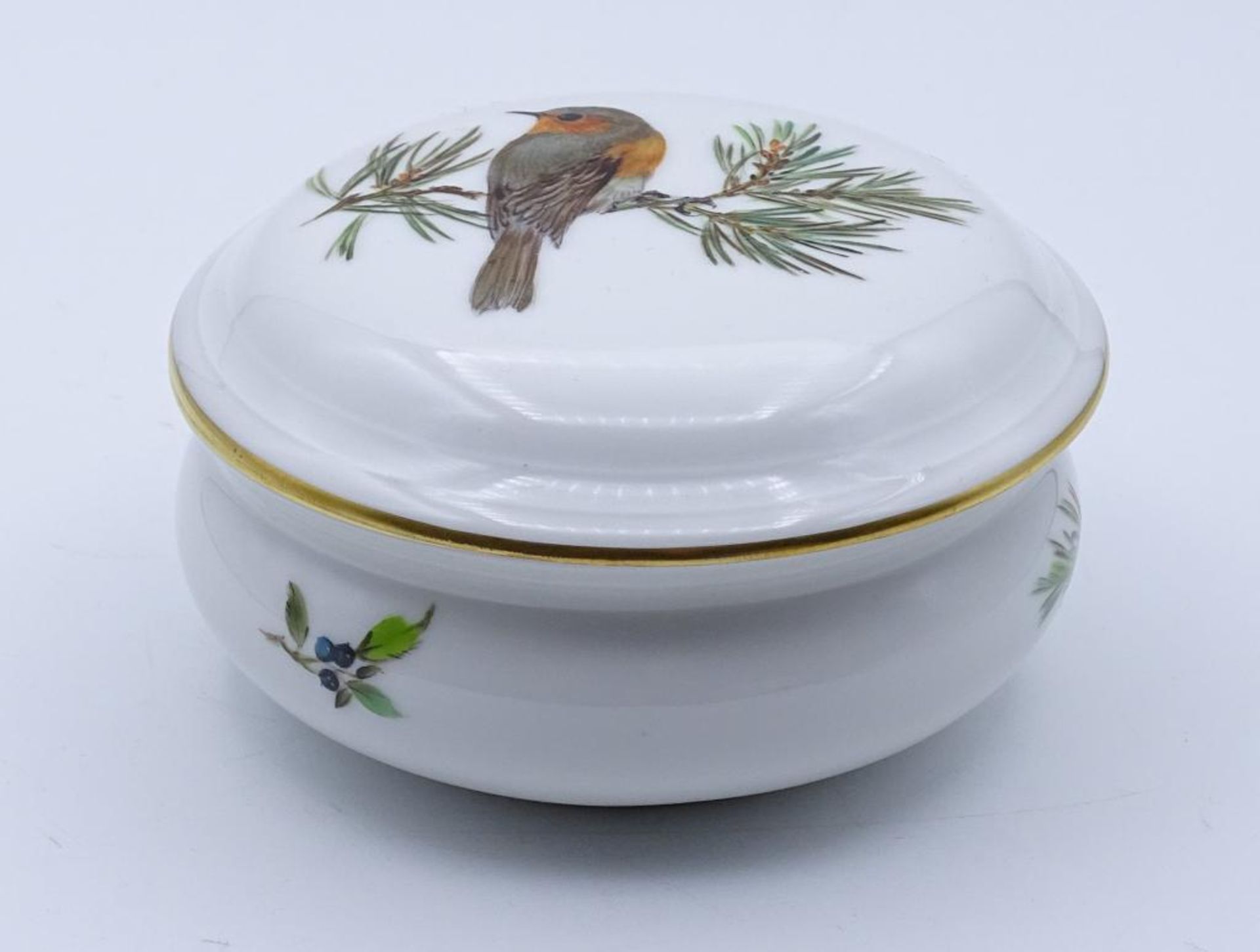 Runde Deckeldose "Meissen",Vogel auf Ast, 1.Wahl,Goldrand,Schwertermarke,d-9,0cm, H-5,4cm- - -22. - Bild 2 aus 4