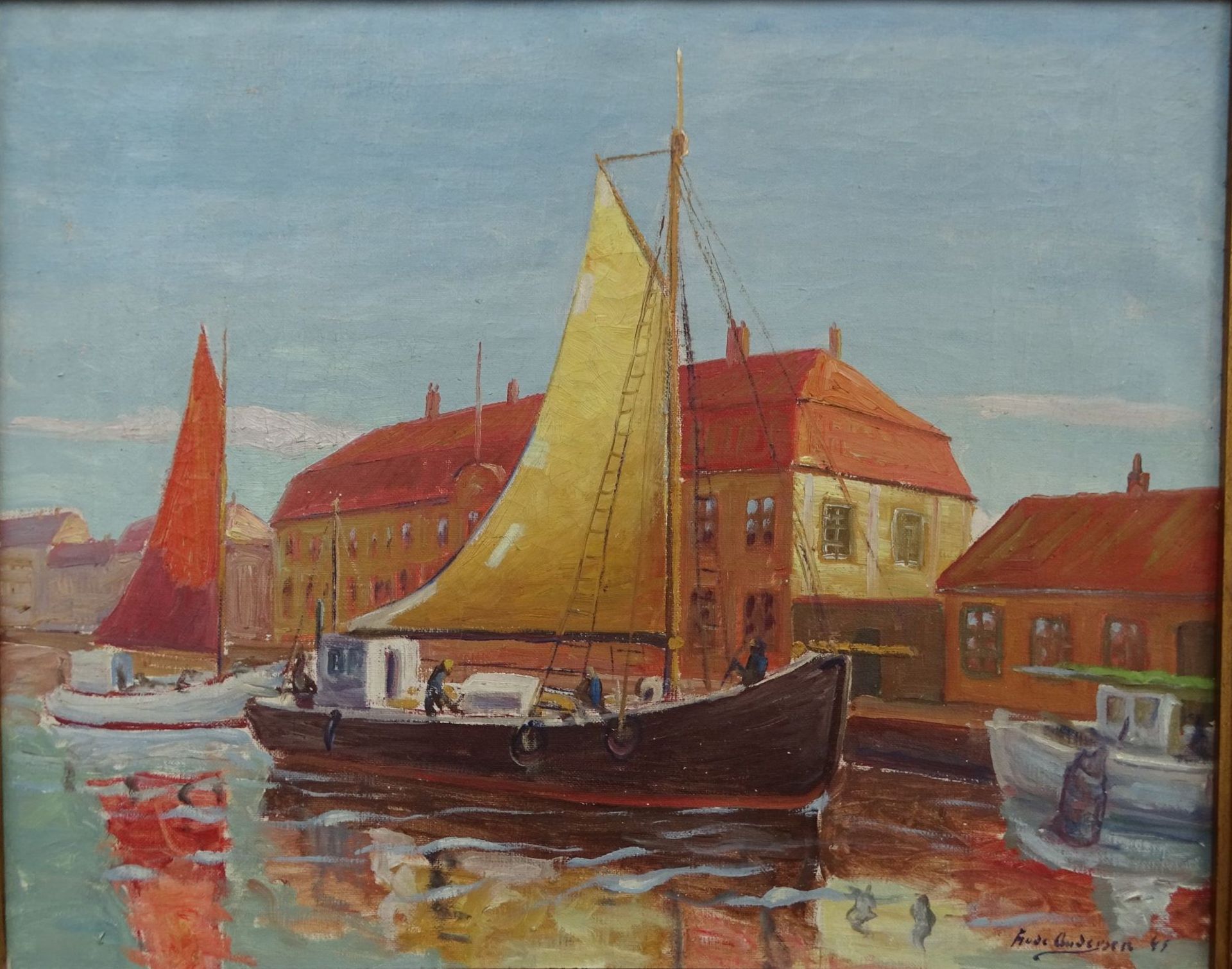 Trude Andersen, 1946 "Lastensegler im Kanal", Öl/Leinen, gerahmt, RG 78x93 c- - -22.61 % buyer's