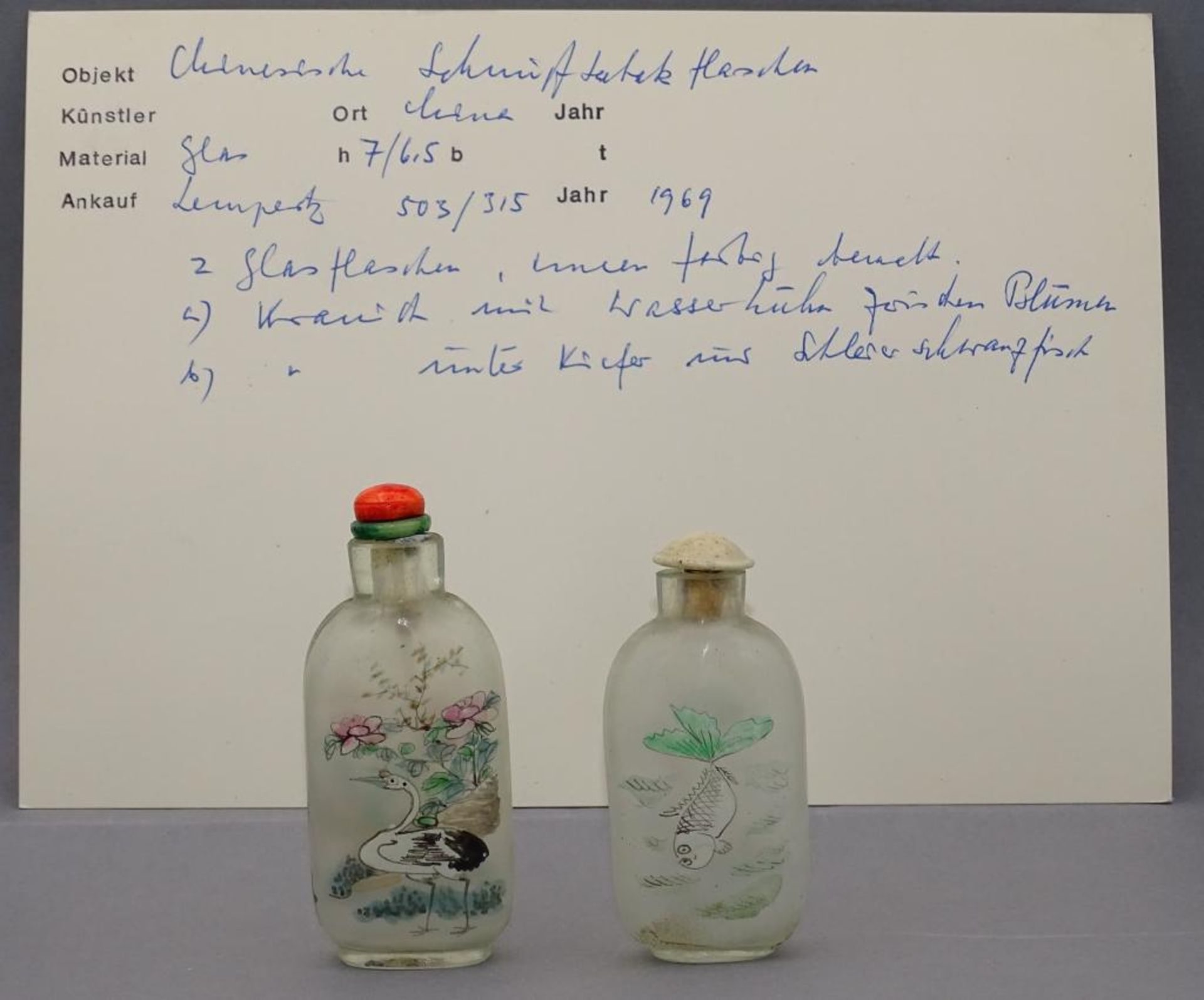 Glas Snuffbottle, Zwischwenglasbemalung mit Reiher und Goldfisch, mit auf Karte, Lempertz 1969- - - - Bild 8 aus 9