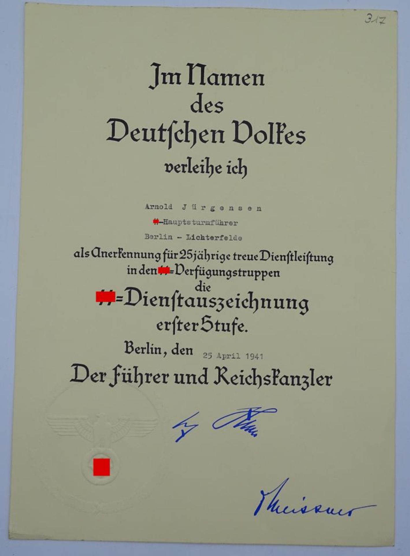 Große Dienstzeiturkunde für 25 Jahre in der SS, ausgestellt für einen Hauptsturmführer in Berlin