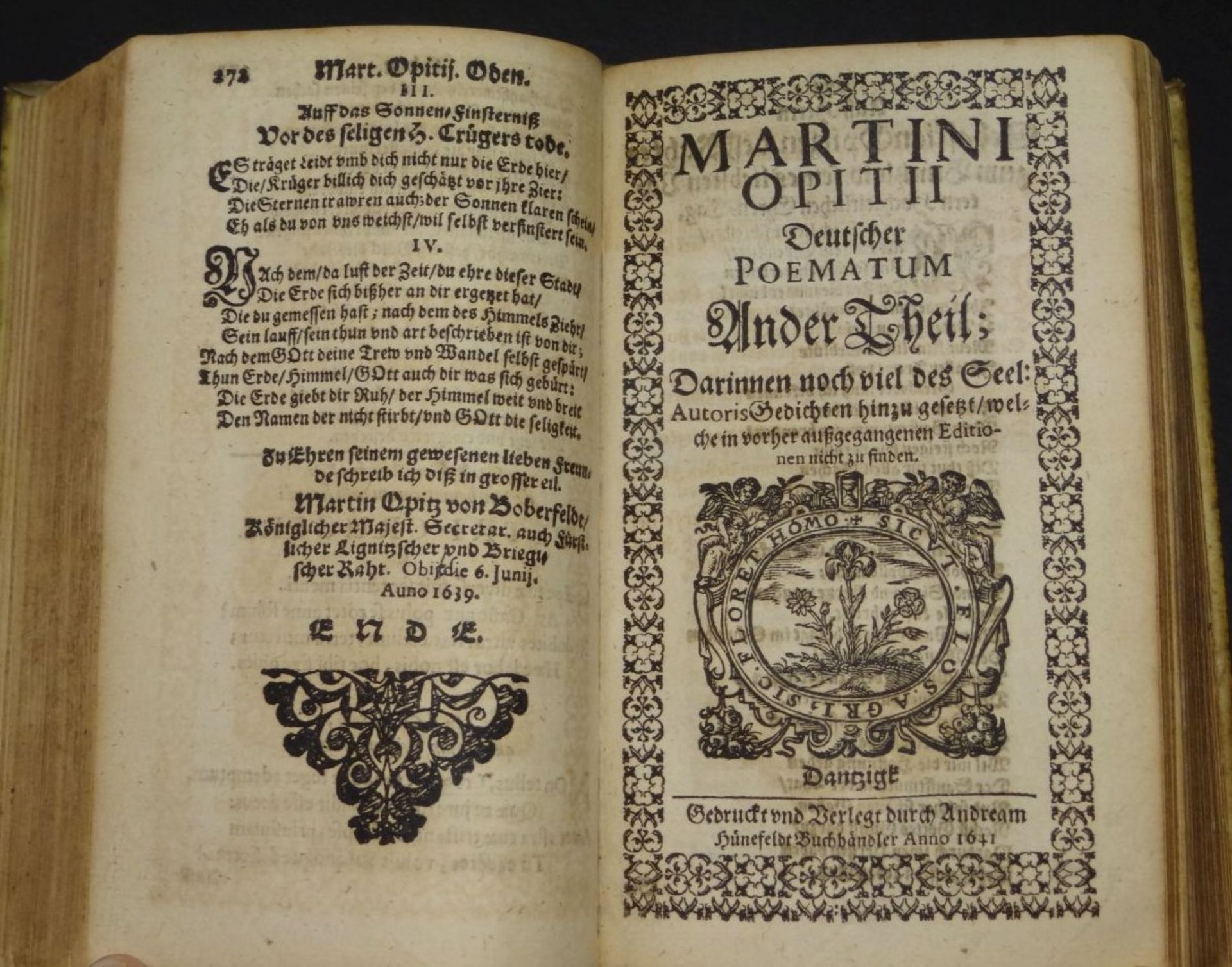 Martini Opitii "Weltliche Poemata" Dantzig , gedruckt und verleget bei Hünefeldt, 1641, - Bild 3 aus 9