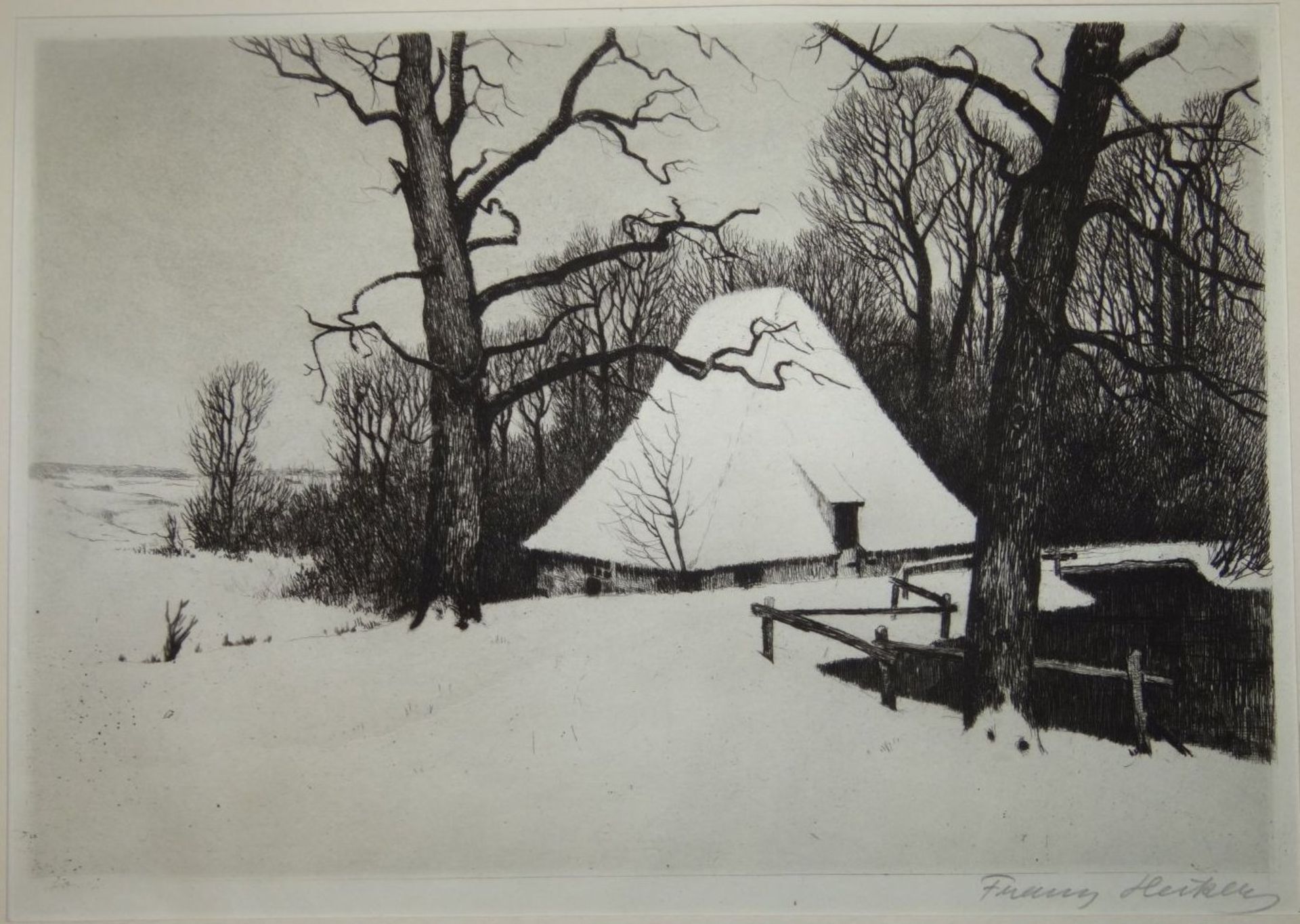 Franz HECKER (1870-1944) "einsame Kate im Winter" Aquatinta Radierung, MG 16x24 cm- - -22.61 %