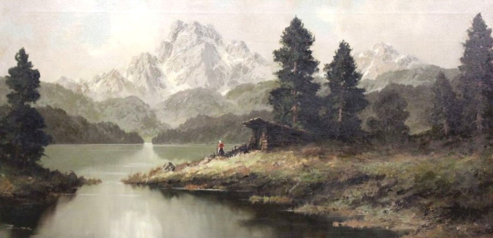 Ginter o.ä., Gebirgsee mit Hütte und Person, 20. Jh., Öl/Leinwand, gut gerahmt, RG 654 x 118c- - -