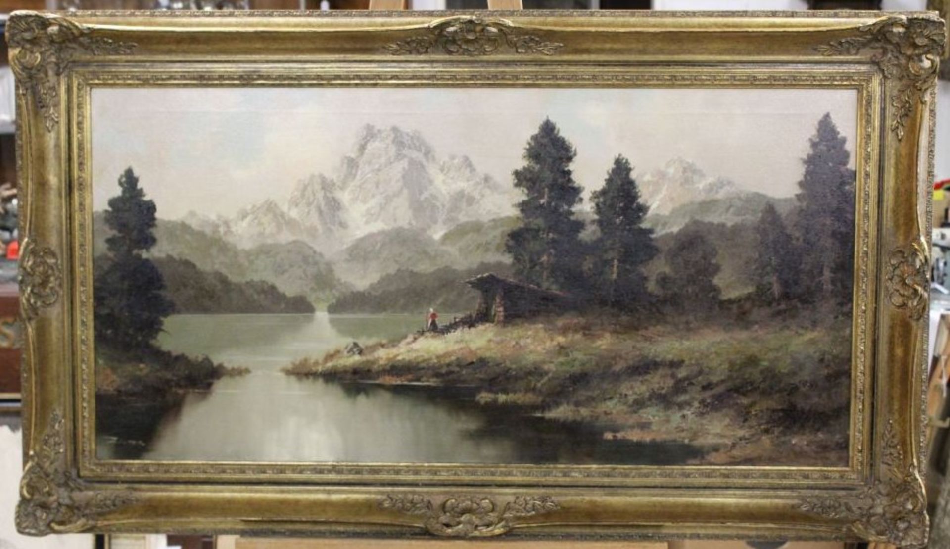 Ginter o.ä., Gebirgsee mit Hütte und Person, 20. Jh., Öl/Leinwand, gut gerahmt, RG 654 x 118c- - - - Bild 3 aus 3