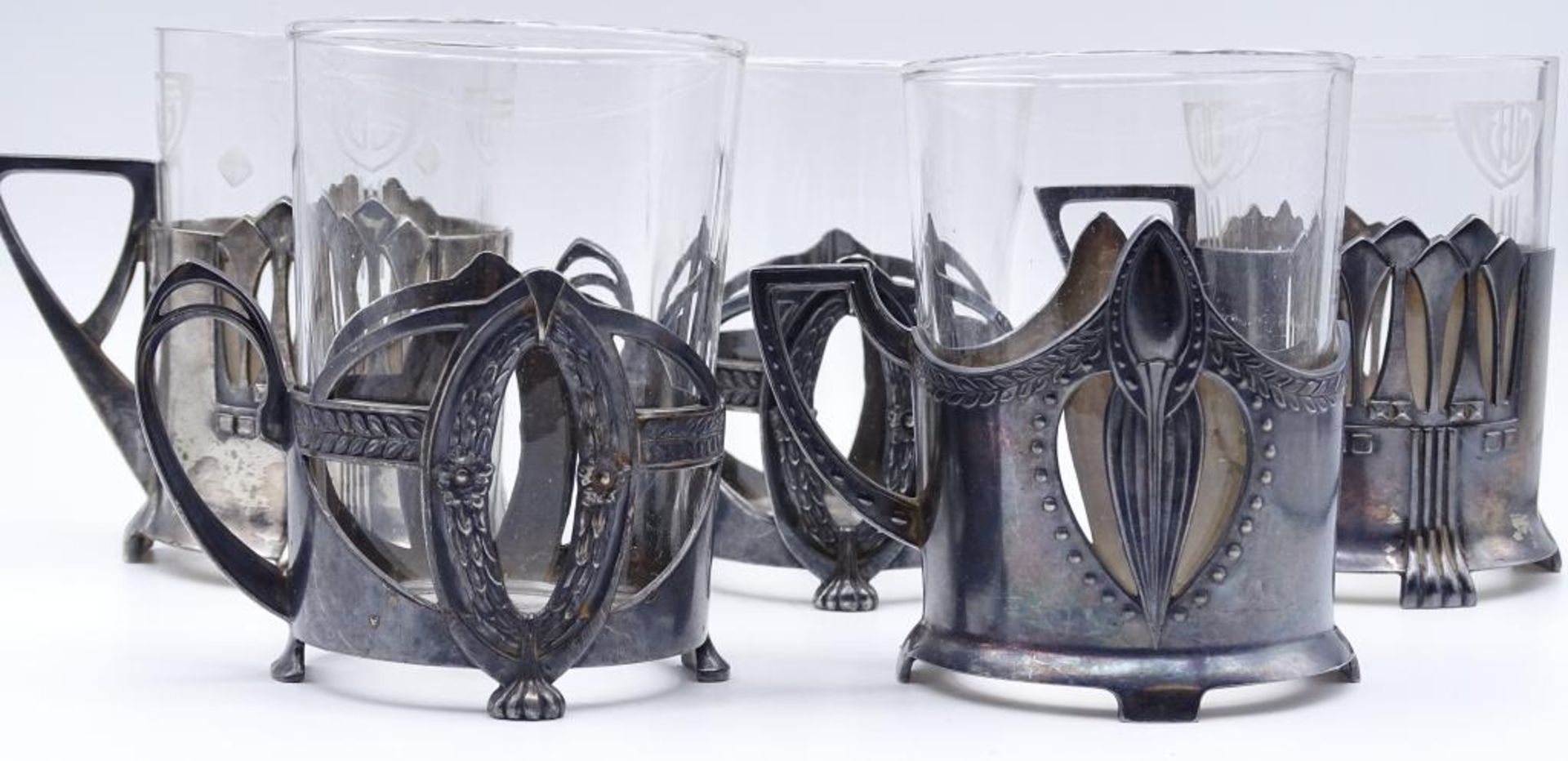 5x Jugendstil Teegläser,WMF- Straussenmarke,Unterschiedliches Glas,H-9,5-10c- - -22.61 % buyer's - Bild 5 aus 8