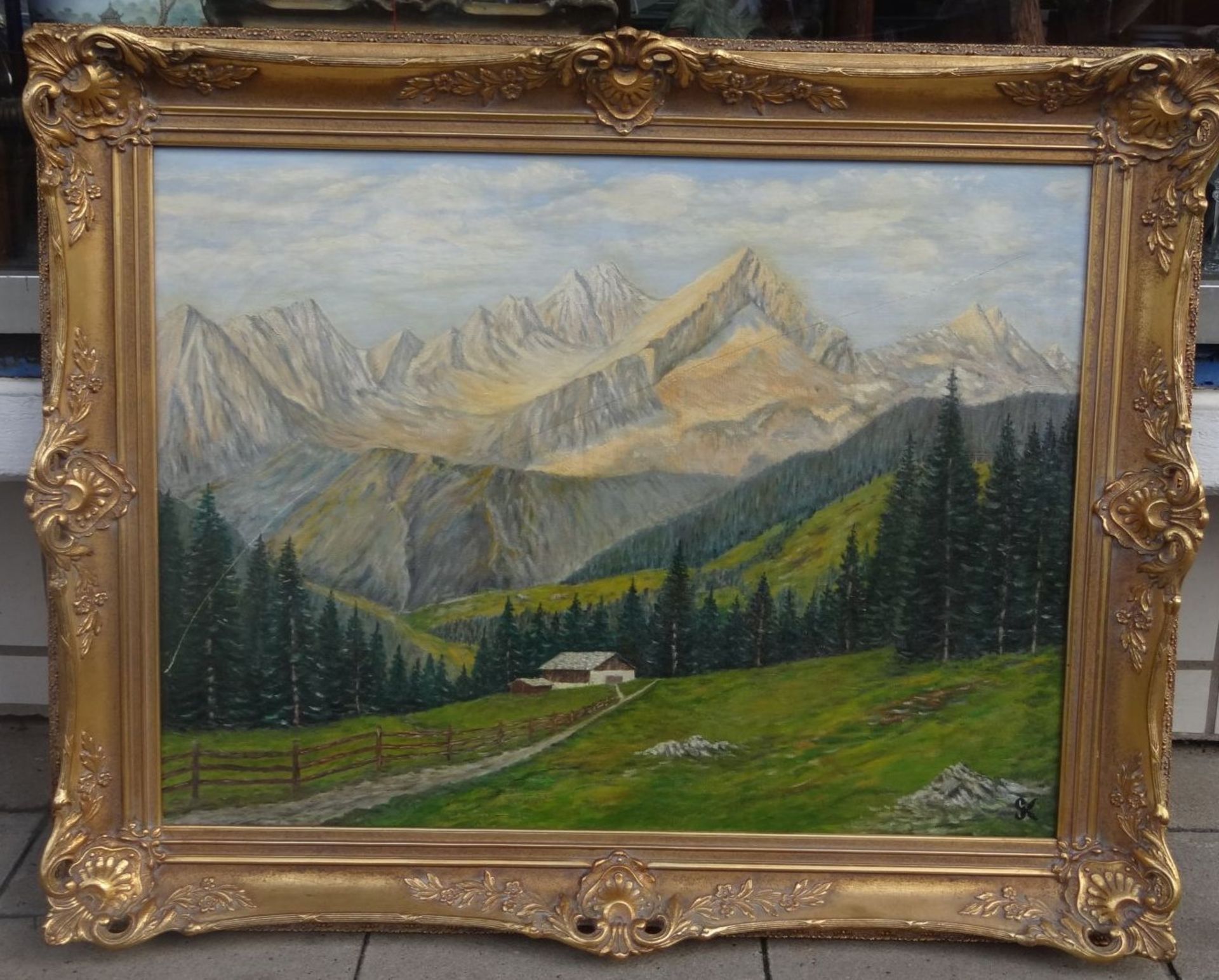 GK "Bergbauernhof vor Alpenmassiv" Öl/Leinen, gerahmt, RG 78x98 cm, Kratze- - -22.61 % buyer's - Bild 2 aus 7