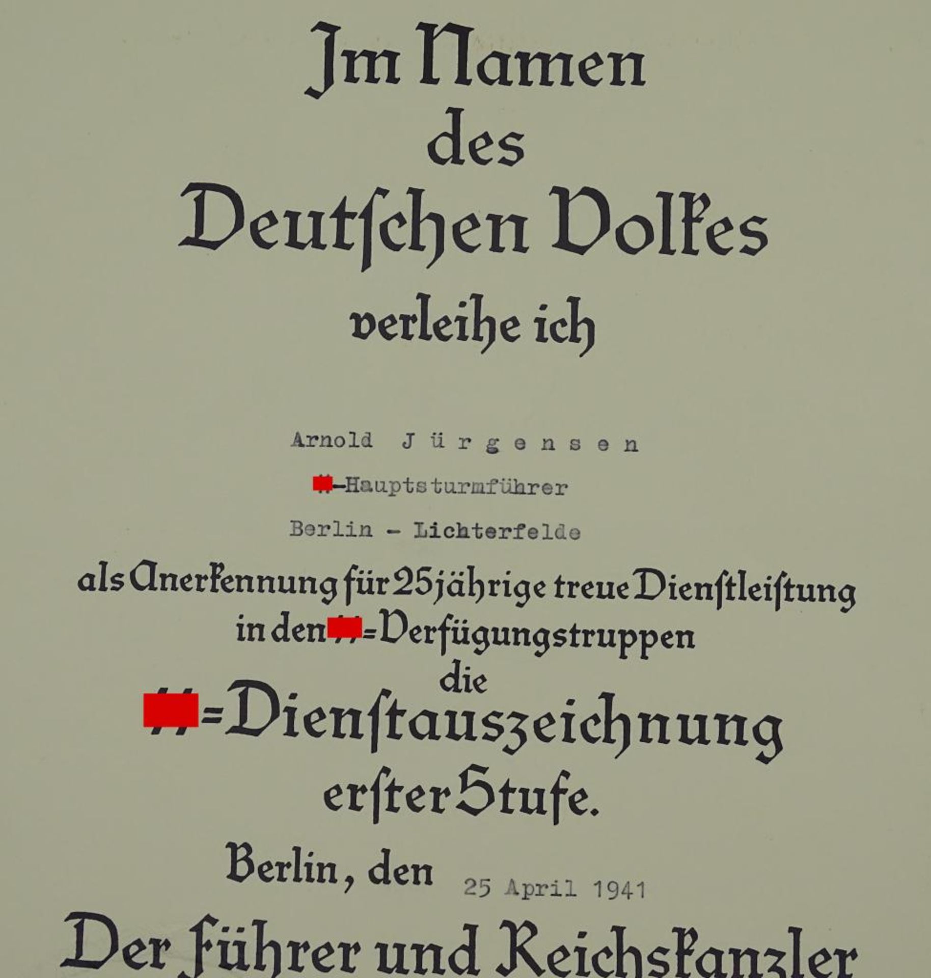 Große Dienstzeiturkunde für 25 Jahre in der SS, ausgestellt für einen Hauptsturmführer in Berlin - Bild 2 aus 4