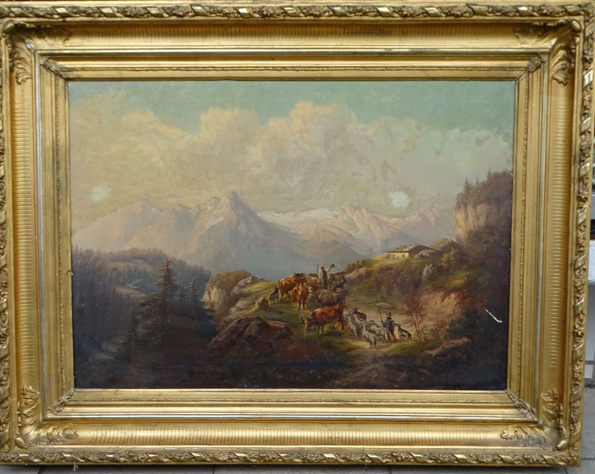 anonymer Altmeister, wohl 19.Jhd., Berglandschaft mit Tierherden, Öl/Leinen (ein Kratzer), breit - Bild 2 aus 5