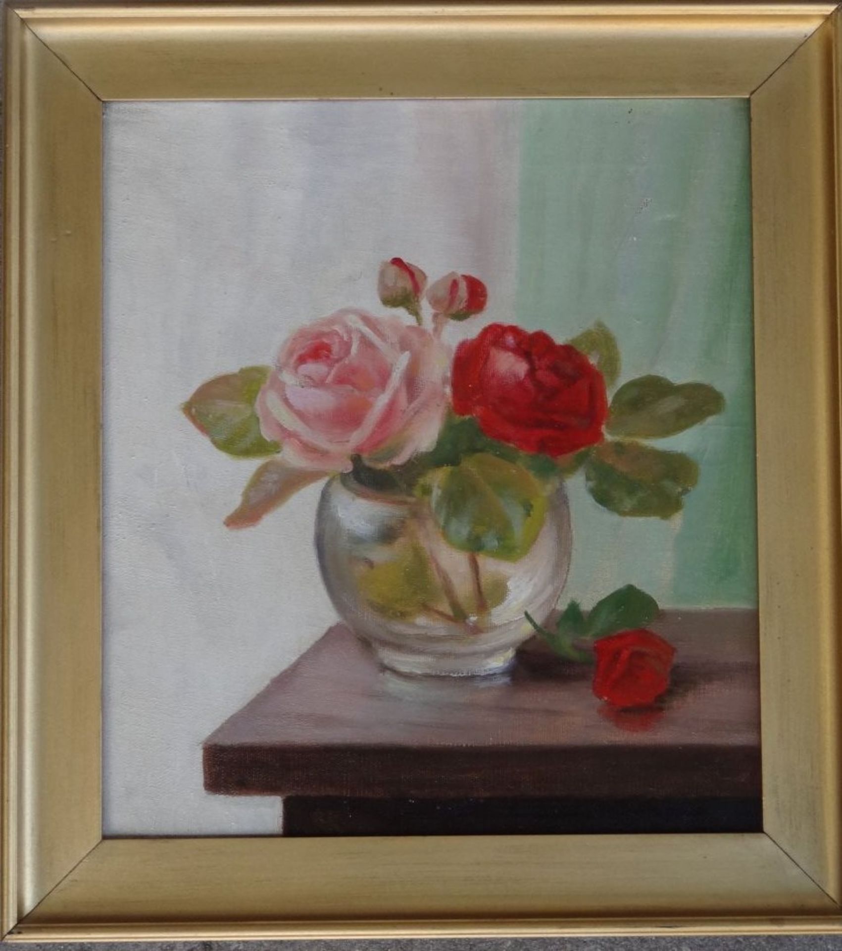 anonym "Rosen in Glasvase", Öl/Leinen, gerahmt, RG 37x33 c- - -22.61 % buyer's premium on the hammer - Bild 2 aus 3